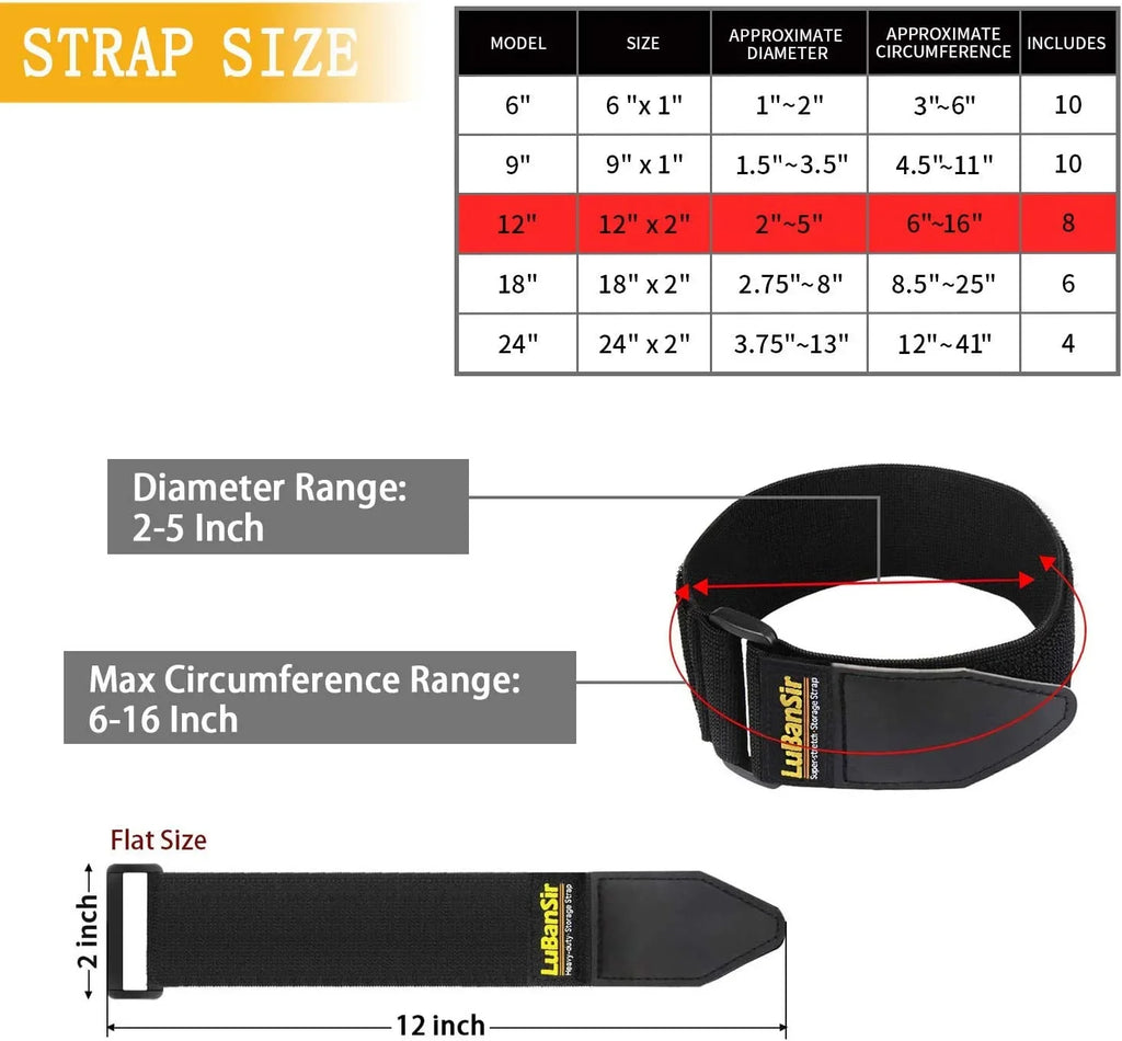 Cinch Sizetraps, 2" x 12" (8 Pack) Elastic Hook and Loop Sizetorage Sizetrap for Extension Cord, Cable, Cord Wrap, Rope