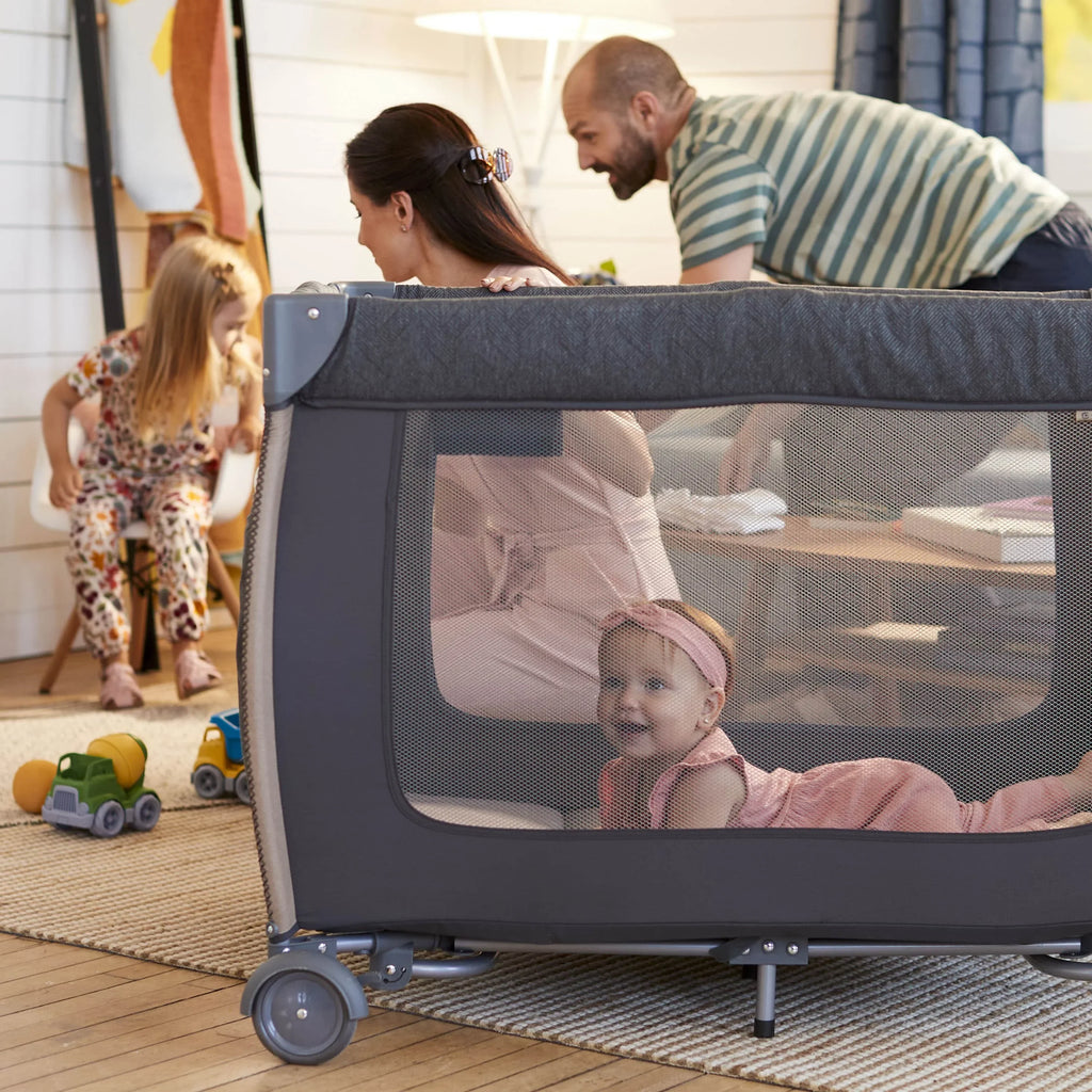 Monbebe Play Yard with Full Sizeize Rocking Bassinet, Castle Point