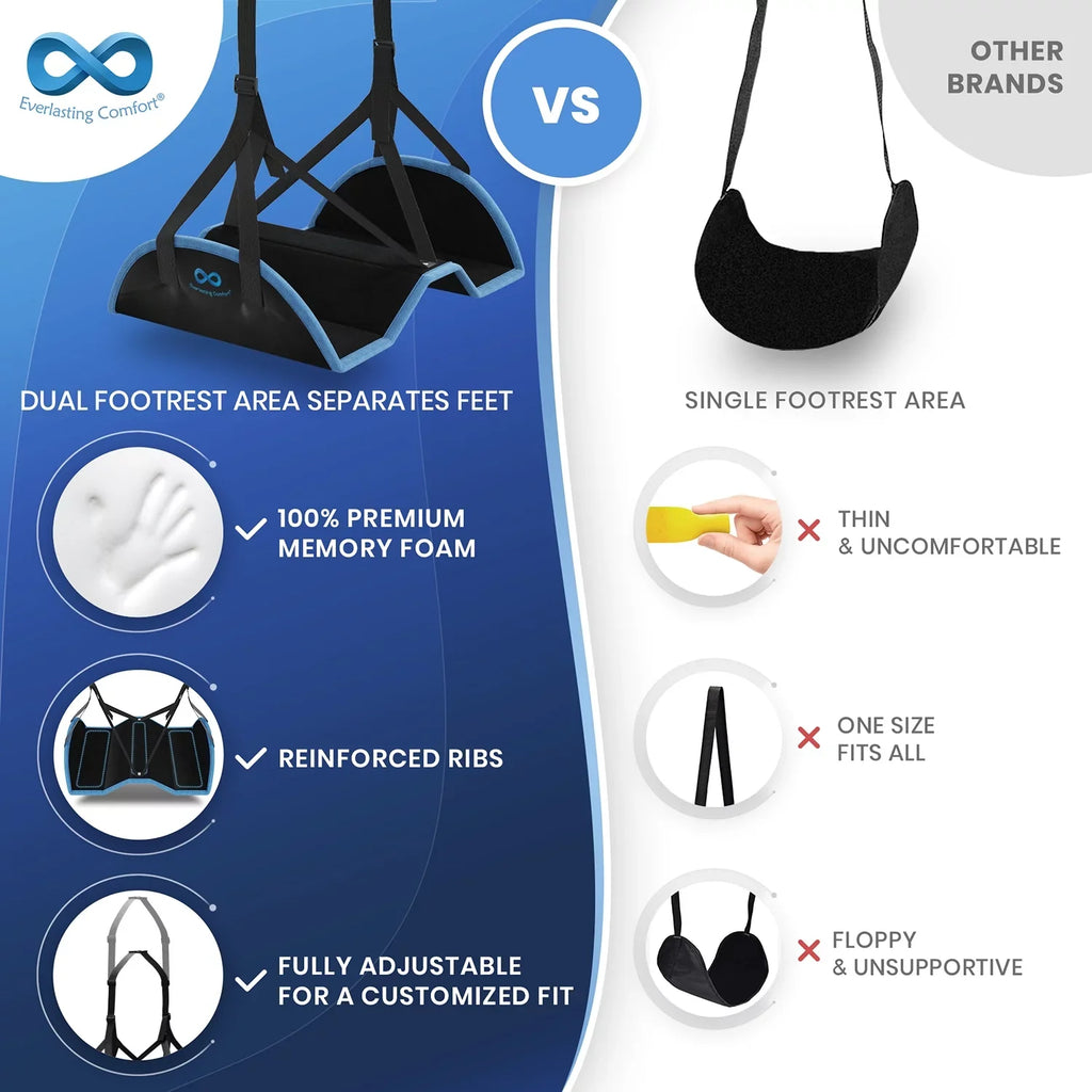 Everlasting Comfort Airplane Footrest - Ergonomic Adjustable Foot and Heel Hammock - Long Airplane Flight Accessories for Feet - Memory Pillow Portable Air Plane Flying Travel Foot Rest - (Black)