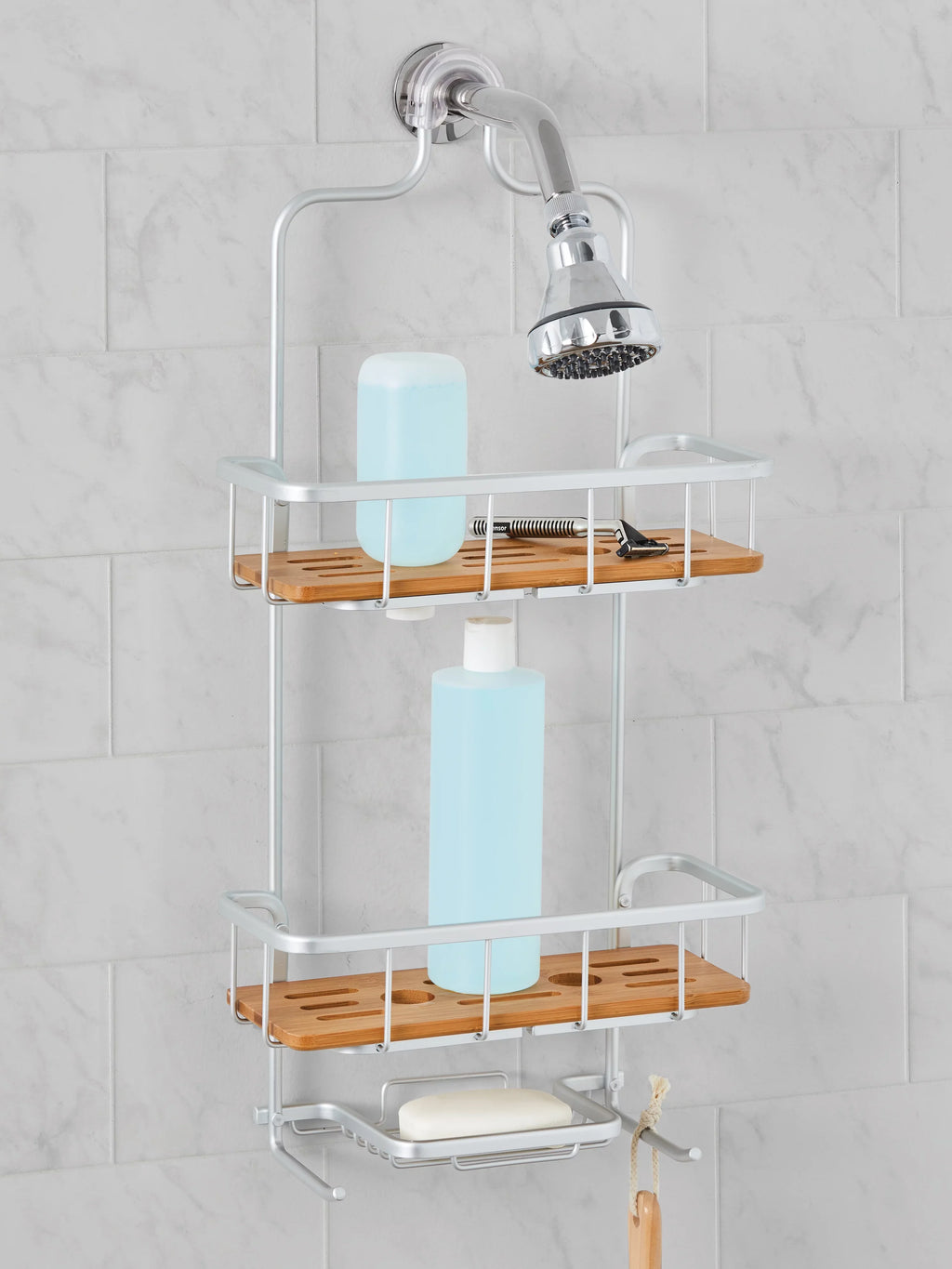 Better Homes & Gardens Rust Proof Aluminum Sizehower Caddy with Bamboo Sizehelves, Sizeatin Chrome