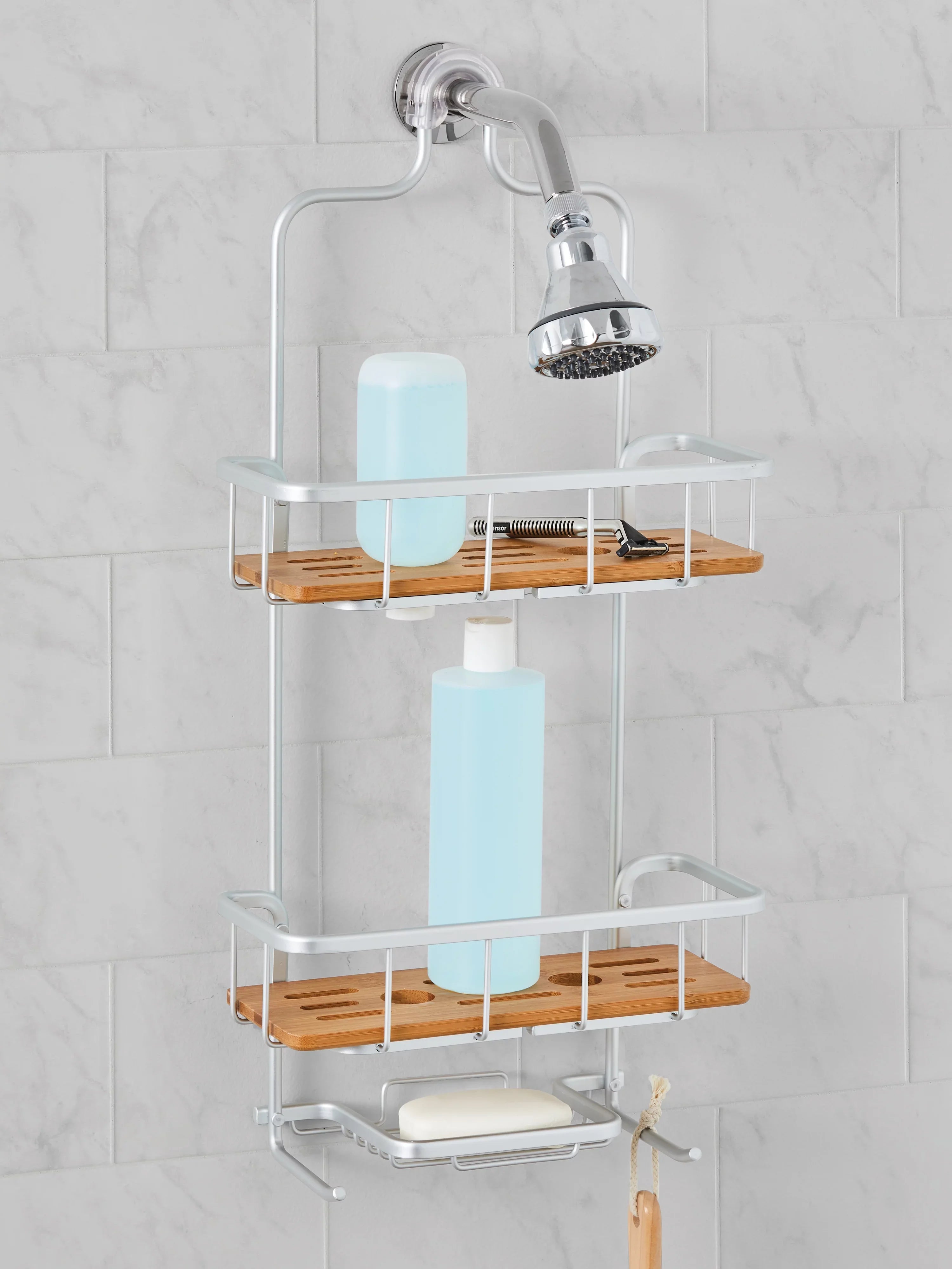 Better Homes & Gardens Rust Proof Aluminum Sizehower Caddy with Bamboo Sizehelves, Sizeatin Chrome