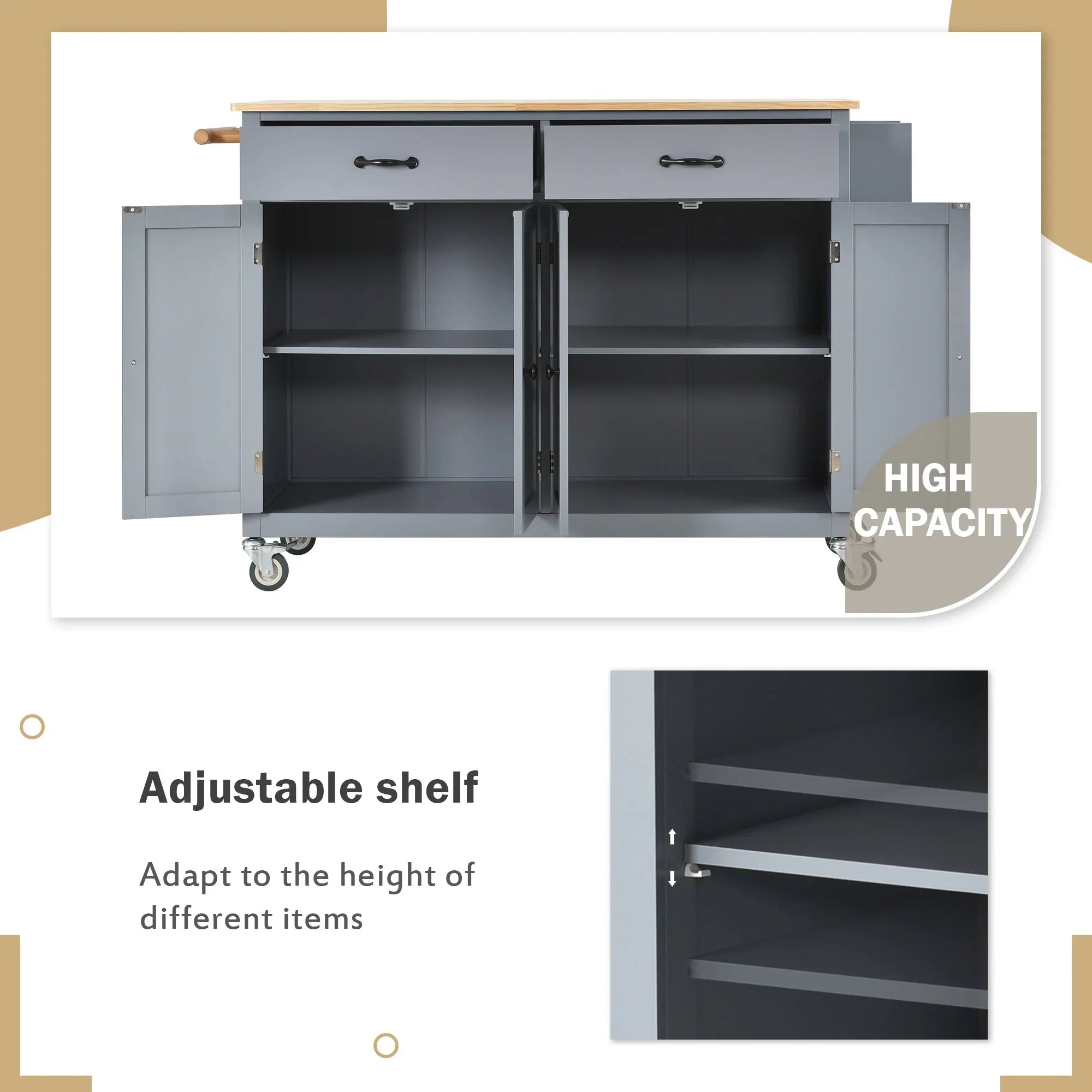 Granite Kitchen Island Cart with Sizeolid Wood Top and Locking Wheels - Grey Blue