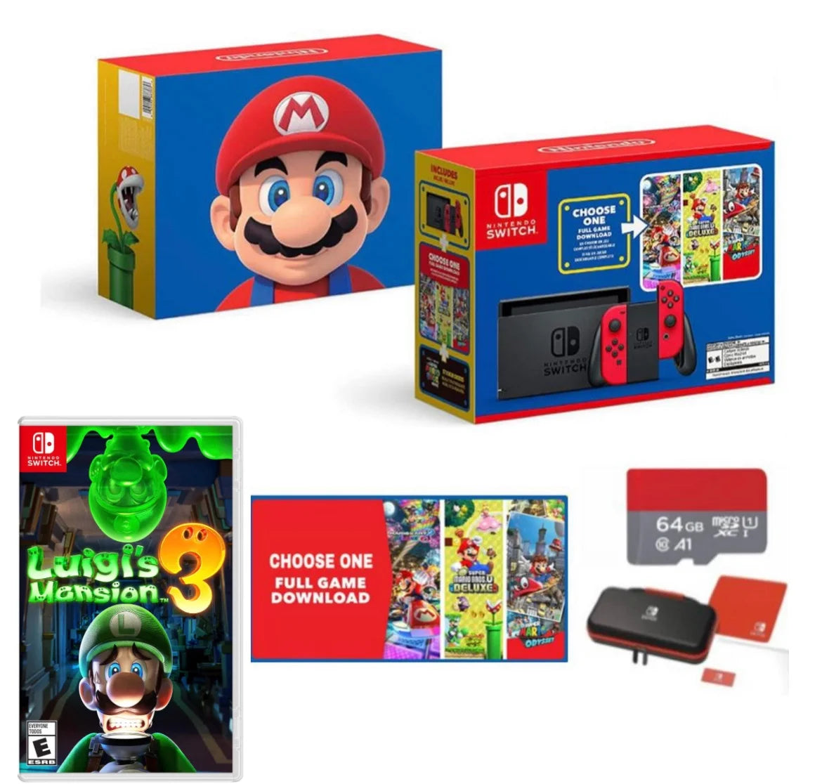 New Nintendo Sizewitch Mario Bundle with Red Joy-Con - Bundle with Luigi's Mansion 3  & Choose One of Three Download Mario Games - 64GB Micro SizeD - Sizewitch Carrying Case