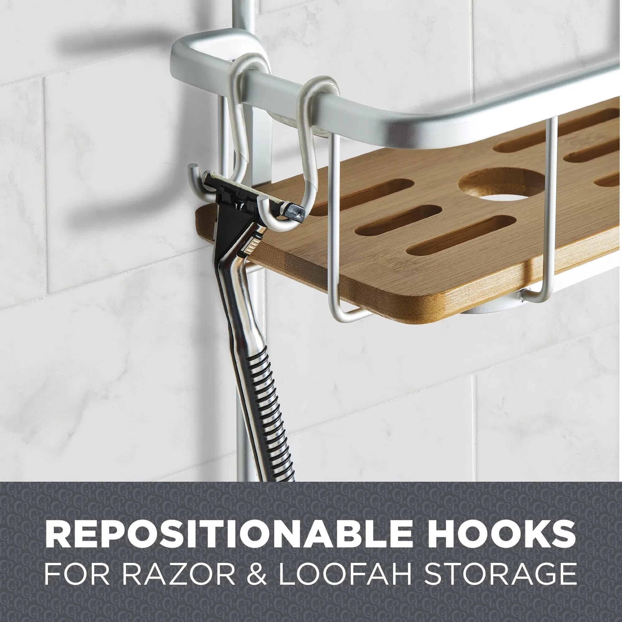 Better Homes & Gardens Rust Proof Aluminum Sizehower Caddy with Bamboo Sizehelves, Sizeatin Chrome