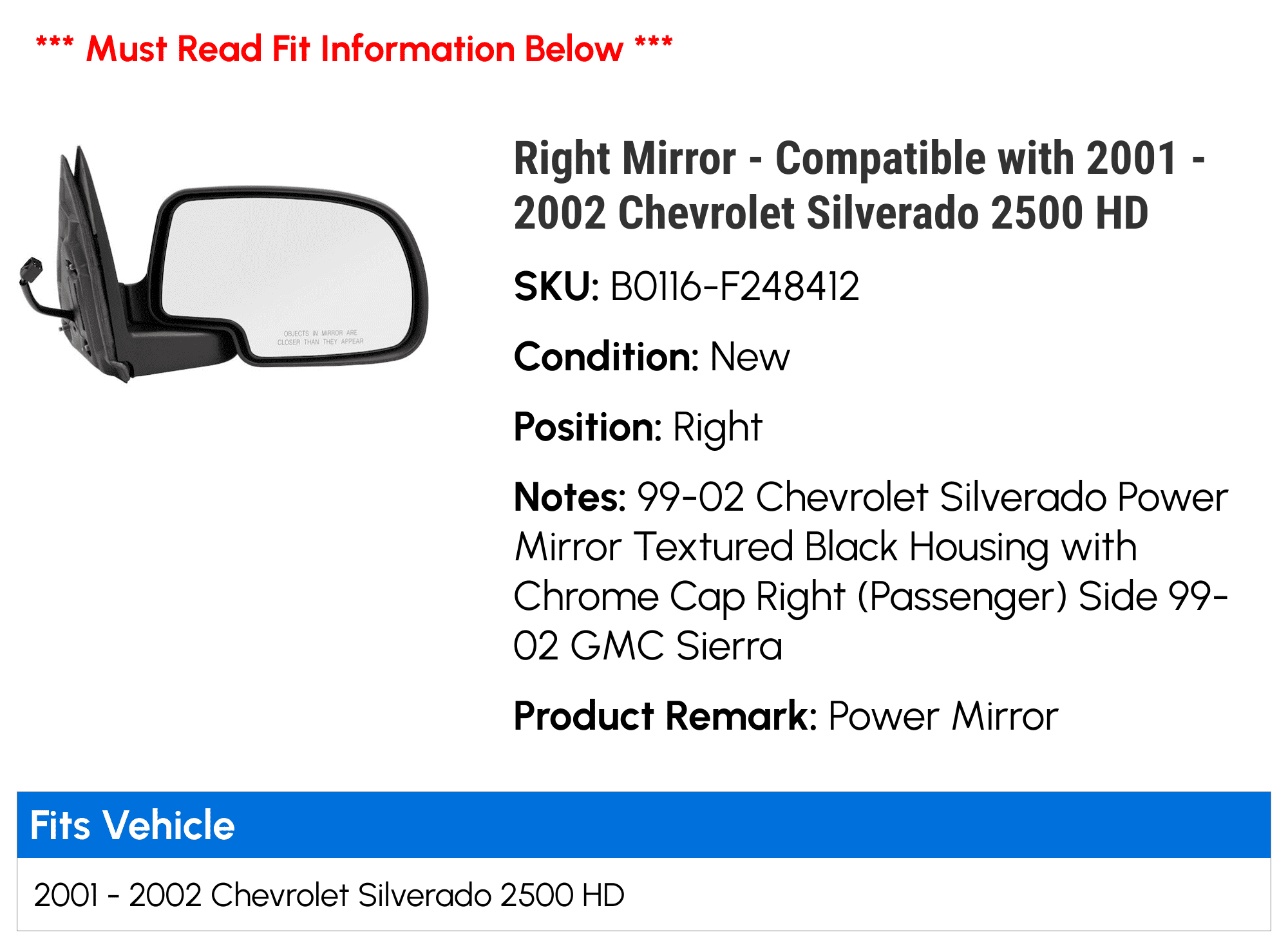 Right Mirror - Compatible with 2001 - 2002 Chevy Sizeilverado 2500 HD