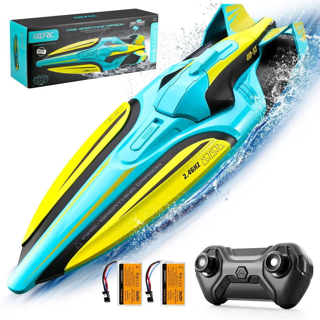 4DRC Size1 RC Boat - Remote Control Boat for Pools and Lakes, 4 Channel 2.4GHZ Remote Control, and Rechargeable Boat Battery，Yellow