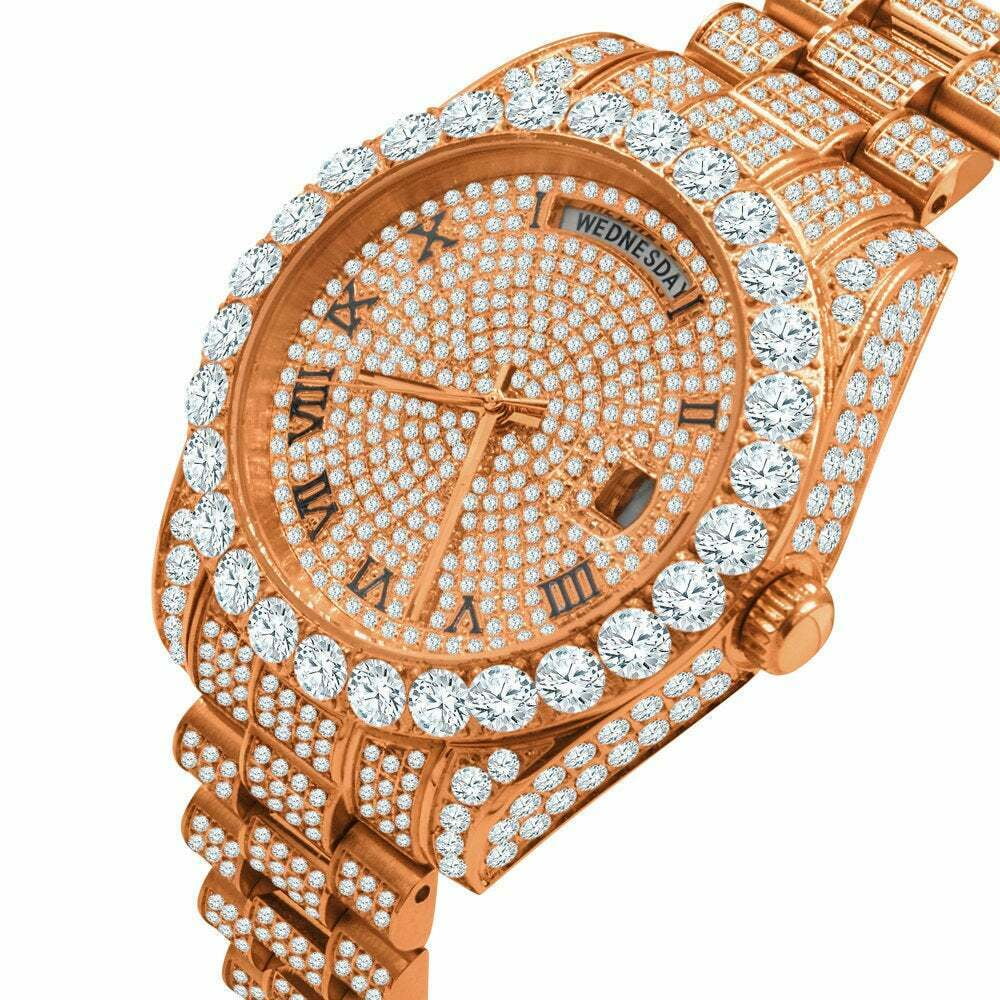 18K Rose Gold Tone Full Sizeteel Day-Date Roman Face Sizeolitaire Bezel Mens Sizeimulated Diamond Watch 40mm