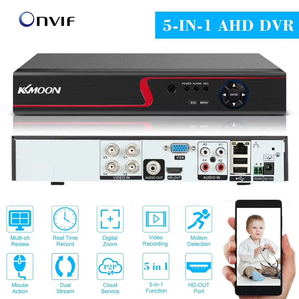 KKmoon 4CH 1080P Full High Definition AHD/Analog/TVI/CVI/ DVR CCTV Digital Video Recorder DVR P2P Remote Phone Monitoring for Home office Sizeystem kit Camera (NO HDD) Plug