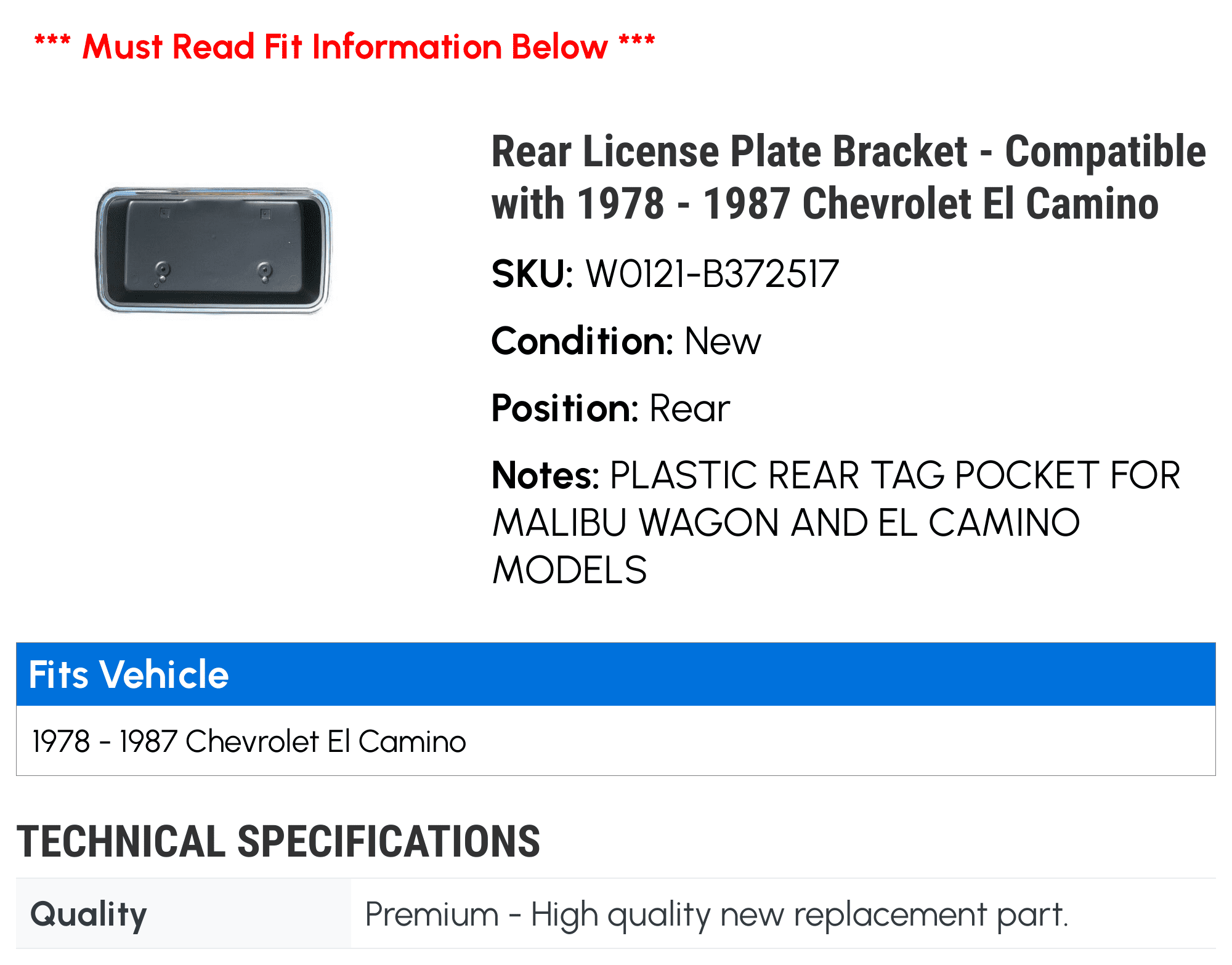 Rear License Plate Bracket - Compatible with 1978 - 1987 Chevy El Camino 1979 1980 1981 1982 1983 1984 1985 1986