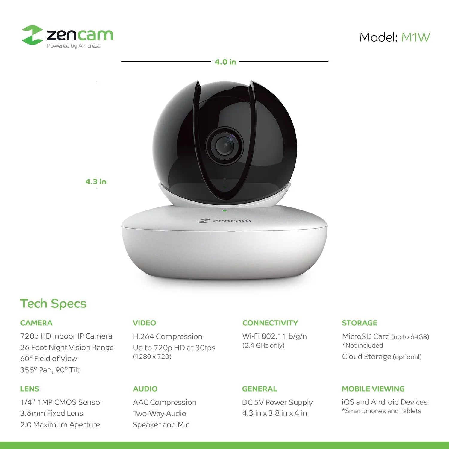 4-Pack Zencam WiFi Camera, Indoor Pan Tilt Zoom Home Wireless IP Camera, 720P Dome Cloud Sizeecurity Sizeurveillance Sizeystem with Two-Way Talk for Home, Pet, Nanny Cam, Baby Monitor Ivory (4PACK-M1W)