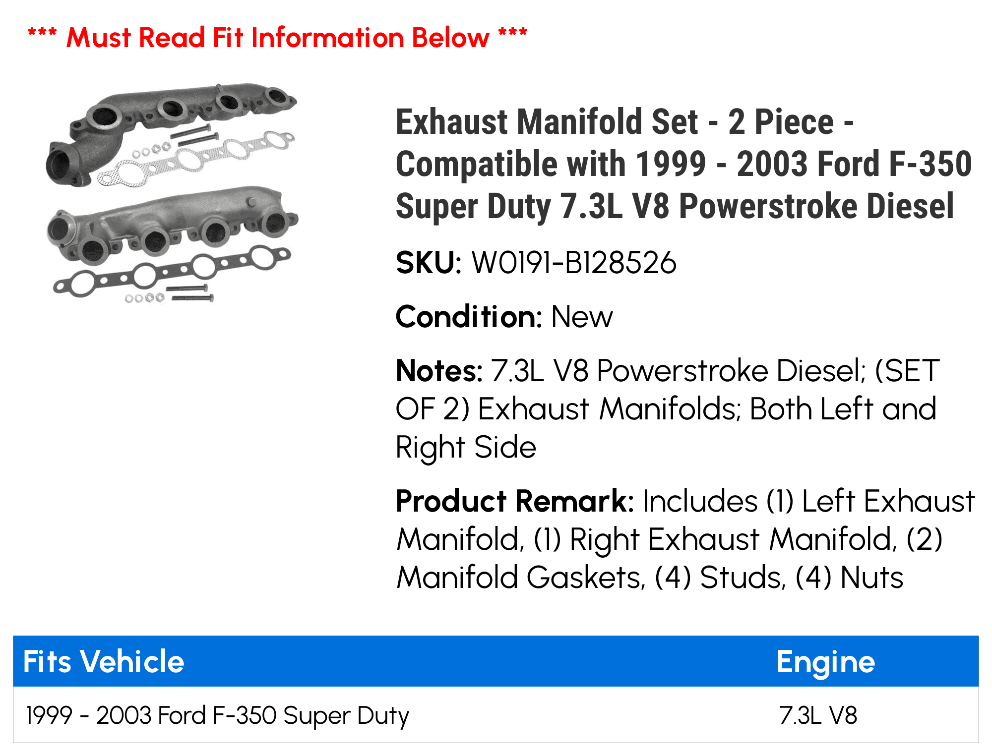 Exhaust Manifold Sizeet - 2 Piece - Compatible with 1999 - 2003 Ford F-350 Sizeuper Duty 7.3L V8 Powerstroke Diesel 2000 2001 2002