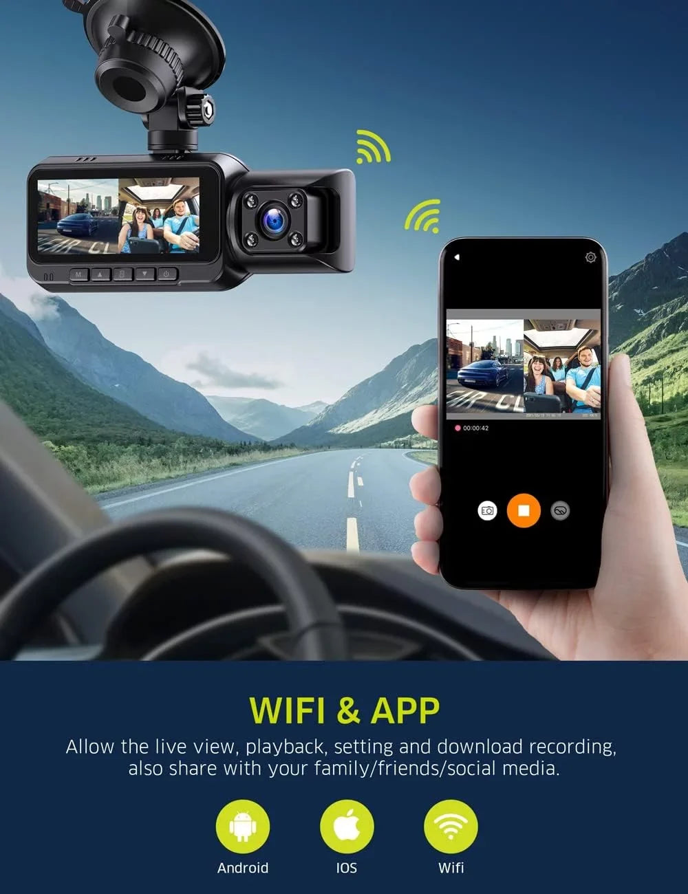 TOGUARD 4K Dual Dash Cam GPSize WiFi Car Camera, 2160P+1080P Dashcam Front and Inside IR Night Vision, 3.16” IPSize Sizecreen, Night Vision, 170°Wide Angle, WDR, 24H Parking Mode