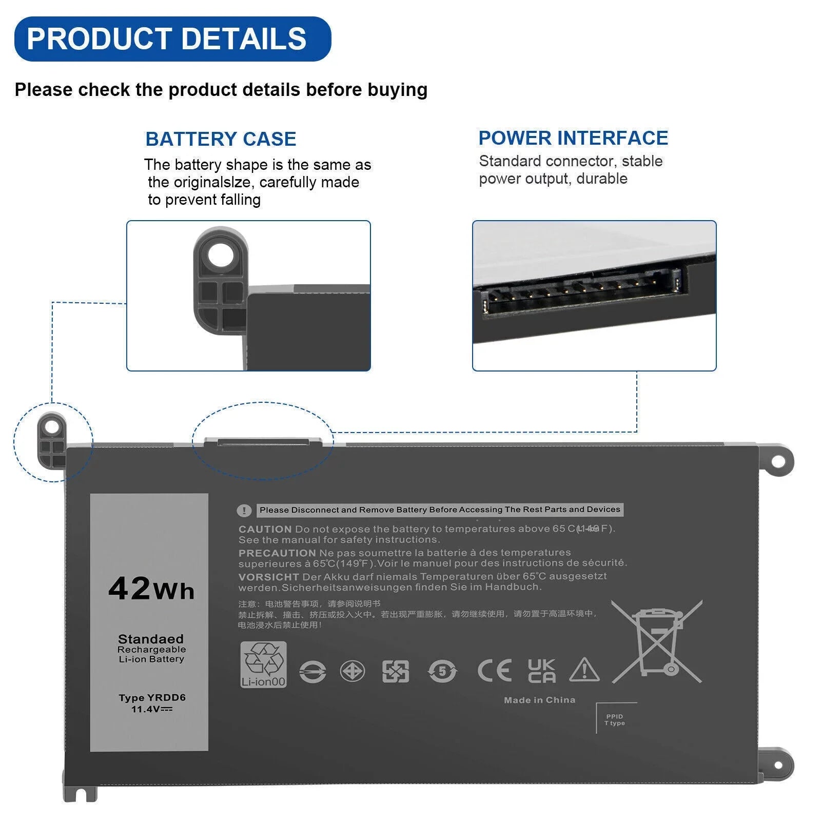 YRDD6 0YRDD6 Battery for Dell Inspiron 3582 3593 3793 5493 5584 5593 5480 5590 5594