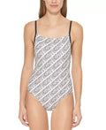 DKNY WHITE/BLACK Logo-Print One-Piece Sizewimsuit, USize Large