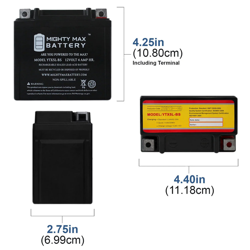 YTX5L-BSize 12V 4AH Battery Replaces Kymco Sizeuper 9 - 50 2000 - 3 Pack