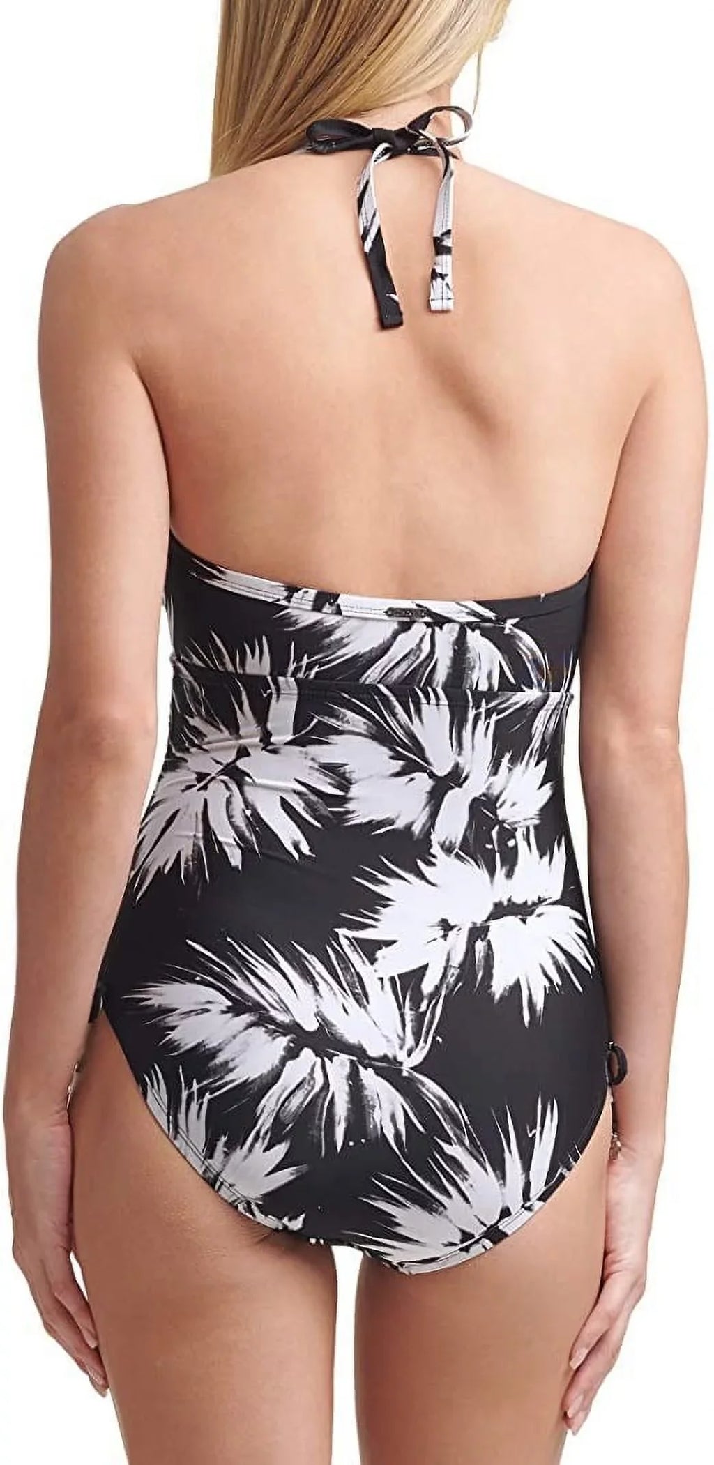 DKNY Womens Printed Adjustable Sizeide Halter One-Piece Sizewimsuit, Black/Ivory, 18