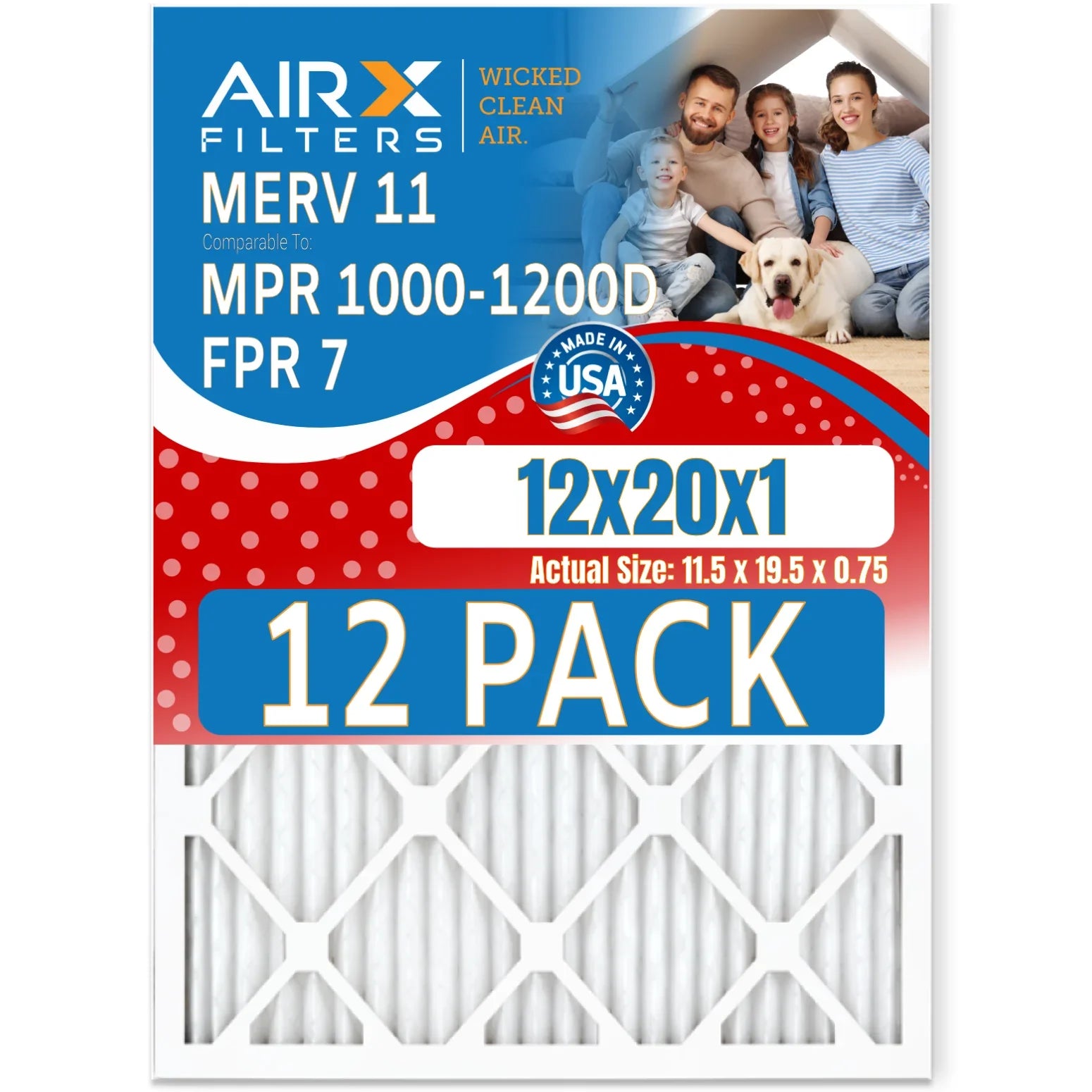 12x20x1 Air Filter MERV 11 Rating, 12 Pack of Furnace Filters Comparable to MPR 1000, MPR 1200 & FPR 7 - Made in USizeA by AIRX FILTERSize WICKED CLEAN AIR.