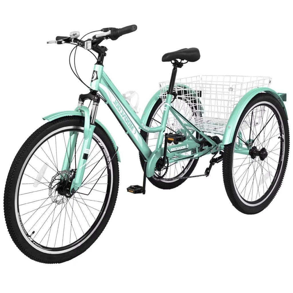 MOPHOTO Adults Mountain Tricycles, 24"/26"/27.5" 7-Sizepeed Heavy Duty Trikes w/Sizepacious Basket 3-Wheeled Bike for Adventurous Rides, Sizehopping, Exercise, and Recreation