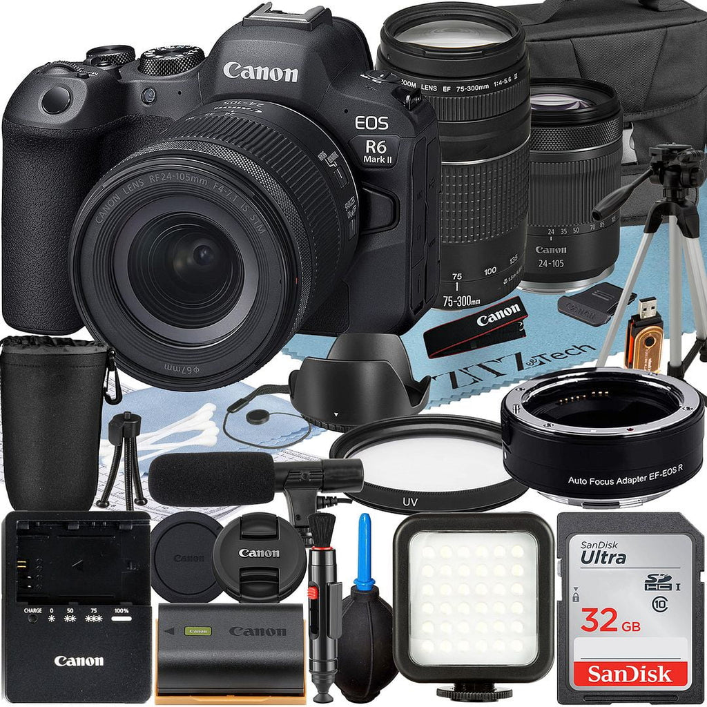 Canon EOSize R6 Mark II Mirrorless Camera with RF 24-105mm Lens + EF 75-300mm + Mount Adapter + SizeanDisk 32GB Memory Card + Case + LED Flash + ZeeTech Accessory Bundle