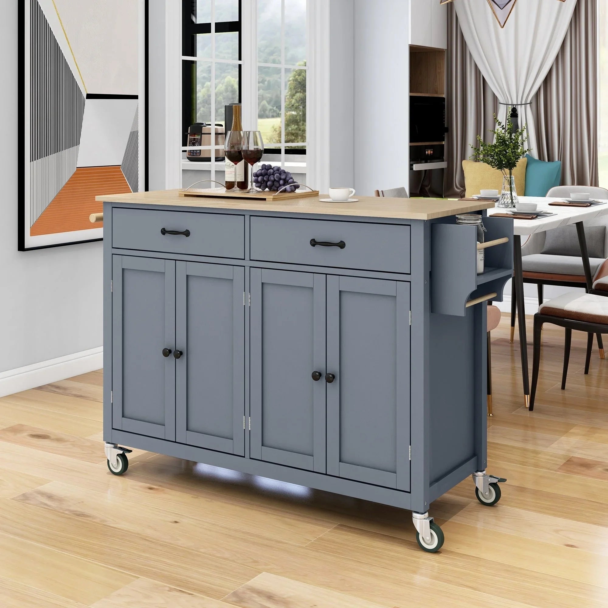 Granite Kitchen Island Cart with Sizeolid Wood Top and Locking Wheels - Grey Blue