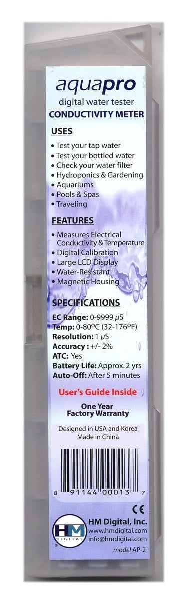AP-2 AquaPro Water Quality Electrical Conductivity Tester, 0-9999 µSize Range, 1 µSize Resolution, +/- 2% Readout Accuracy, Measures electrical conductivity (EC).., By HM Digital