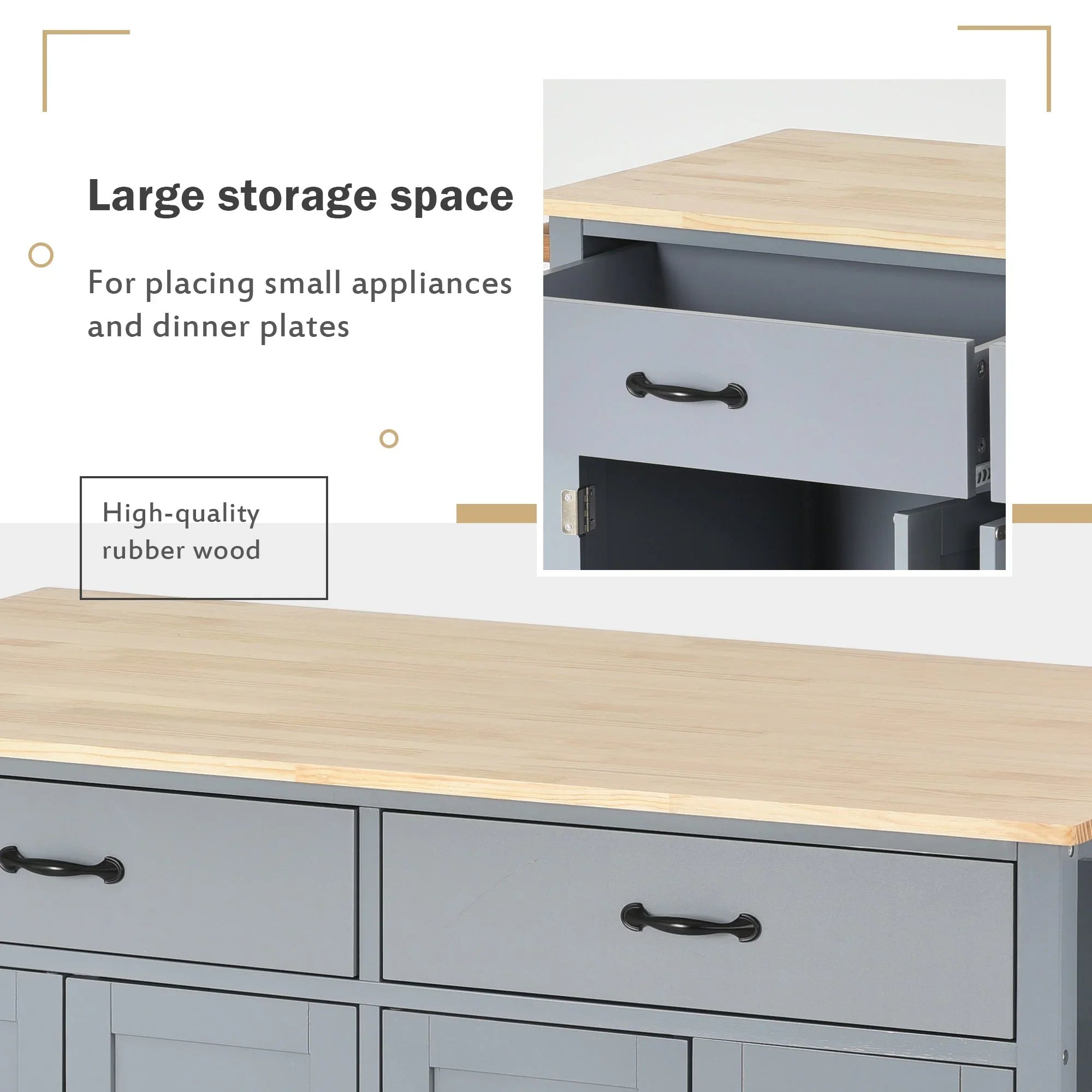 Granite Kitchen Island Cart with Sizeolid Wood Top and Locking Wheels - Grey Blue