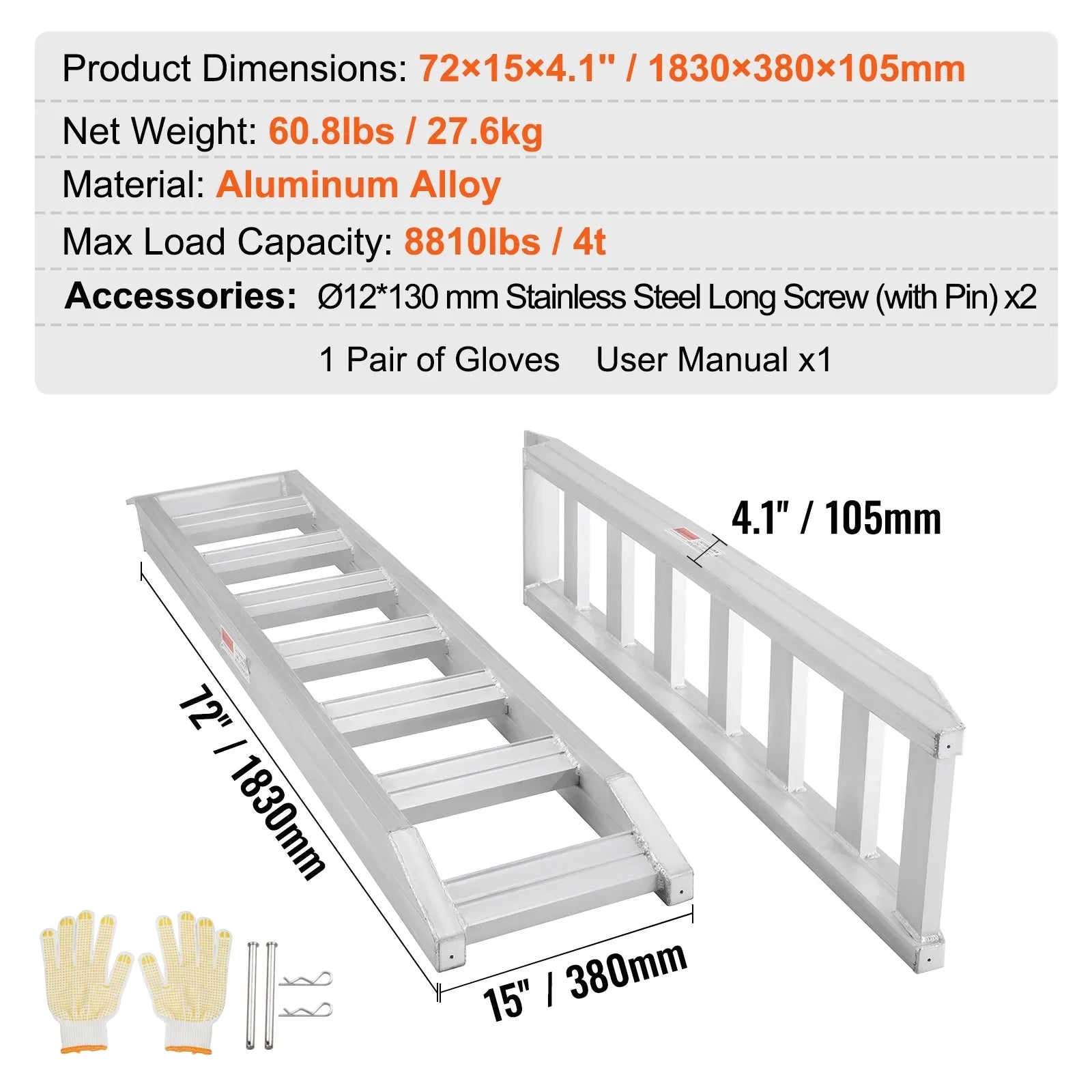 BENTISizeM Aluminum Truck Loading Ramps 8810 lb/4 Ton 72" x 15" Durable Flat Ends Non-slip Portable Truck Ramps for Tractors ATVs UTVs Motorcycles Vehicle