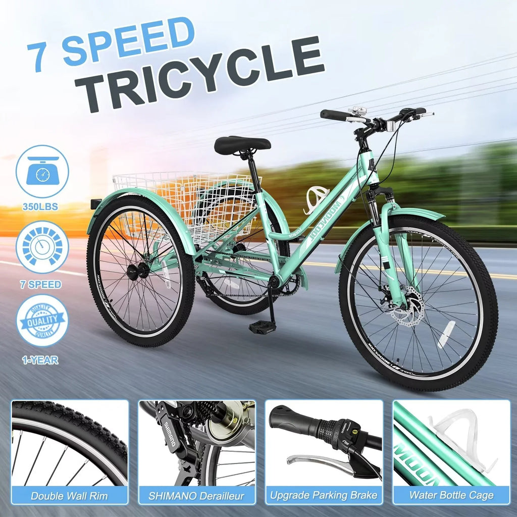 MOPHOTO Adults Mountain Tricycles, 24"/26"/27.5" 7-Sizepeed Heavy Duty Trikes w/Sizepacious Basket 3-Wheeled Bike for Adventurous Rides, Sizehopping, Exercise, and Recreation