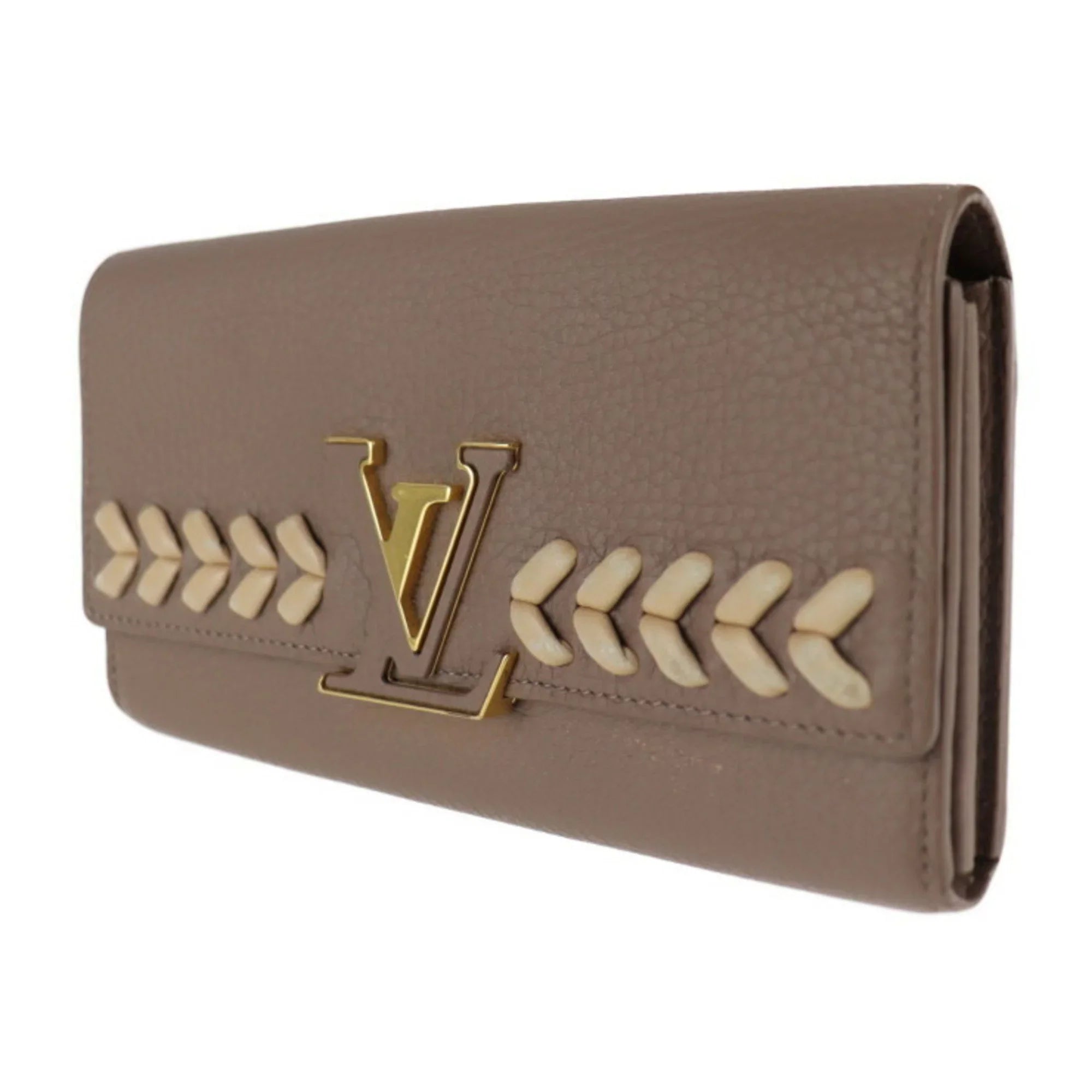 Pre-Owned LOUISize VUITTON Louis Vuitton Portefeuille Capucines Parnacea Long Wallet M62075 Taurillon Leather Taupe LV Logo Beige Gold Metal Fitting Genuine (Good)