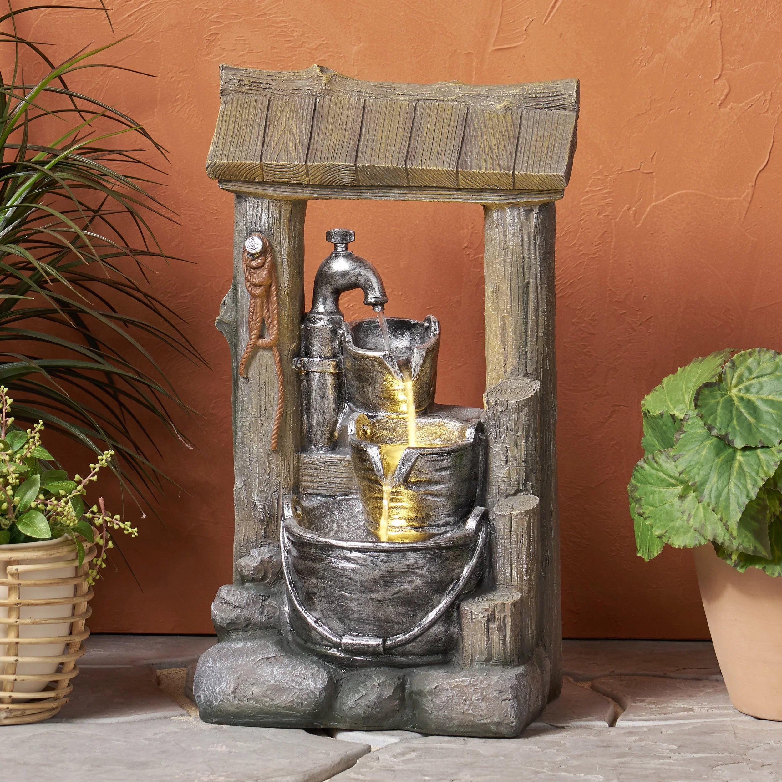 Noble House Berrien Outdoor 3-Tier Bucket Fountain, Brown and Gray