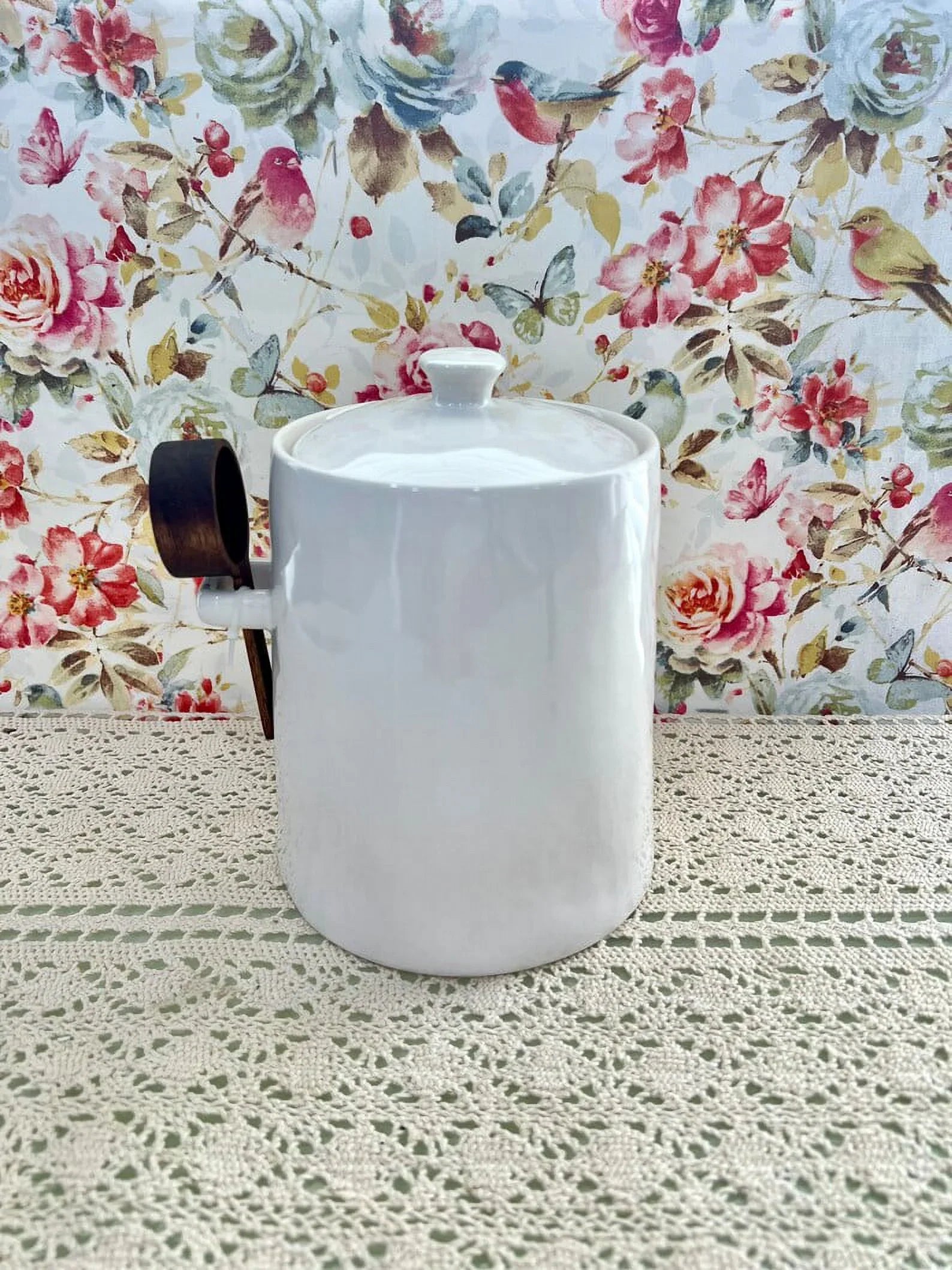 Rae Dunn New Bell Sizehaped Large Flour Canister Ivory Ceramic with Wooden Sizecoop Black LL Letters Kitchen