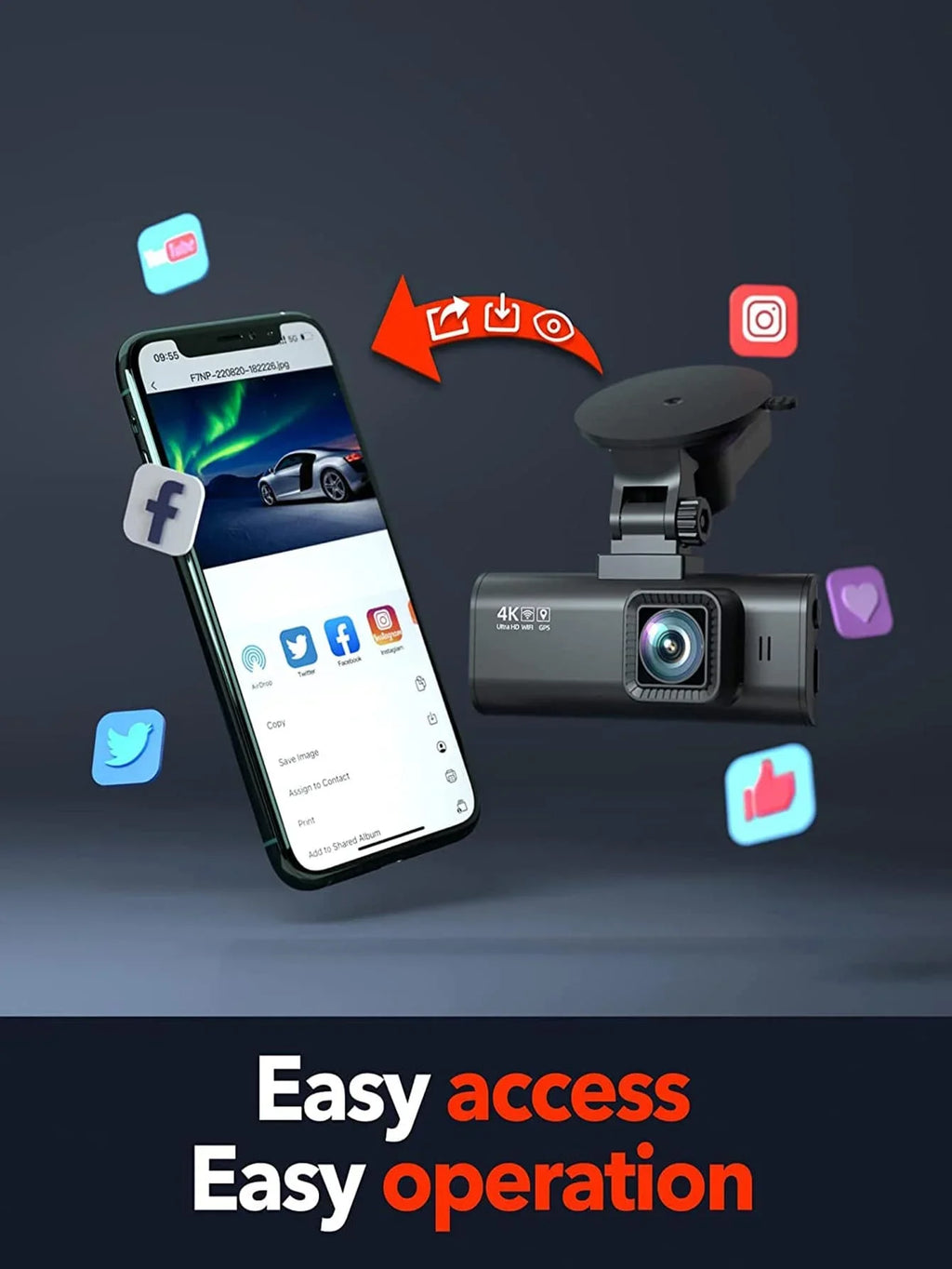 4K Dash Cam with Wi-Fi, GPSize Front Camera, and Type-C Hardwire Kit
