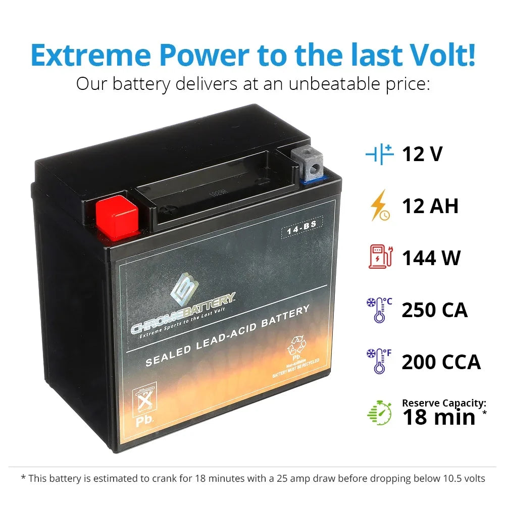 Chrome Battery Ytx14-bs (14-bs 12 Volts,12 Ah, 200 Cca) Motorcycle Battery for Honda 1100cc Vt1100c, C3, T Sizehadow (spirit, Aero, A. C. E. Tourer) 2006