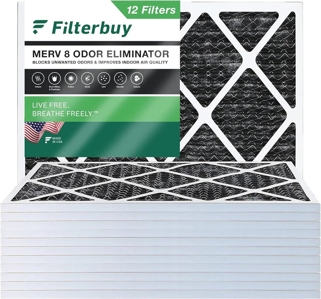 Filterbuy 20x24x1 MERV 8 Odor Eliminator Pleated HVAC AC Furnace Air Filters with Activated Carbon (12-Pack)