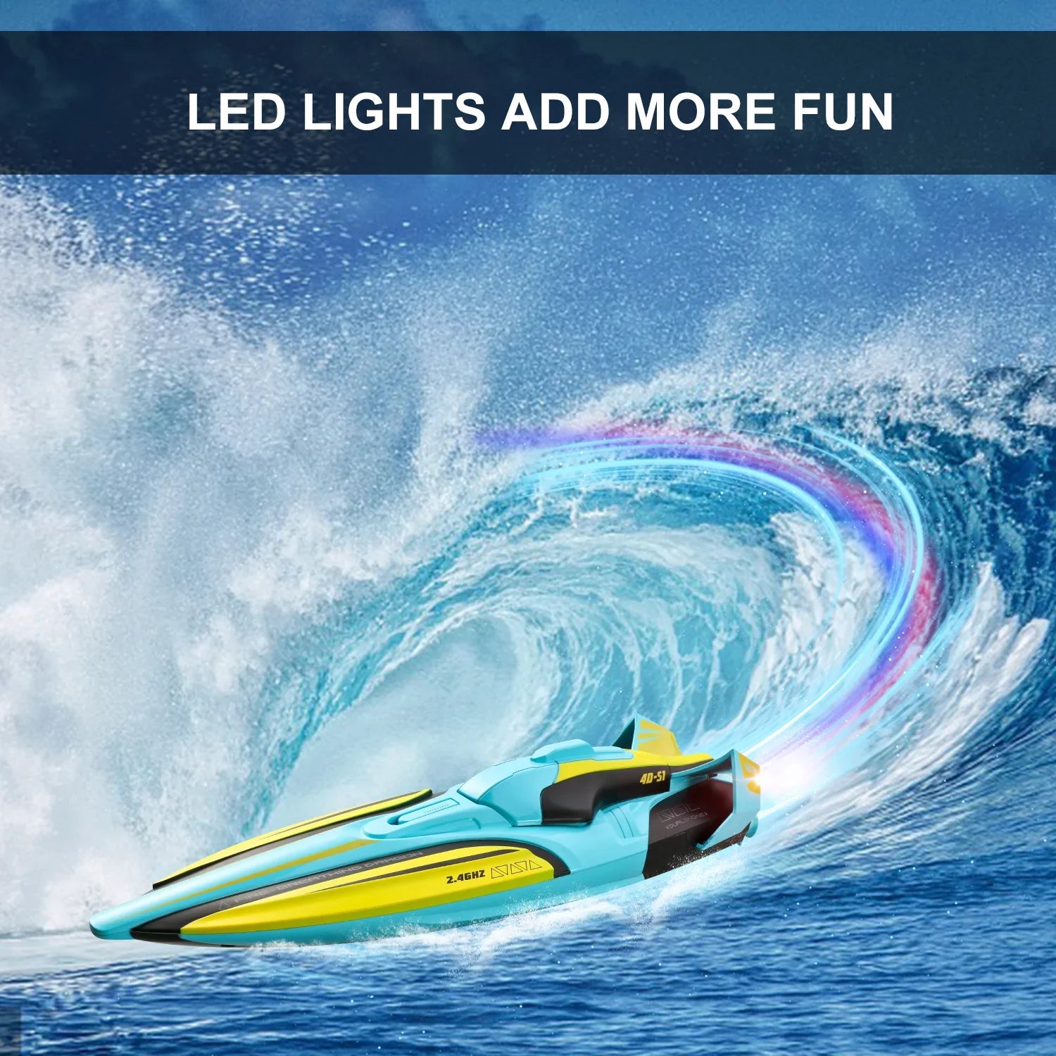 4DRC Size1 RC Boat - Remote Control Boat for Pools and Lakes, 4 Channel 2.4GHZ Remote Control, and Rechargeable Boat Battery，Yellow
