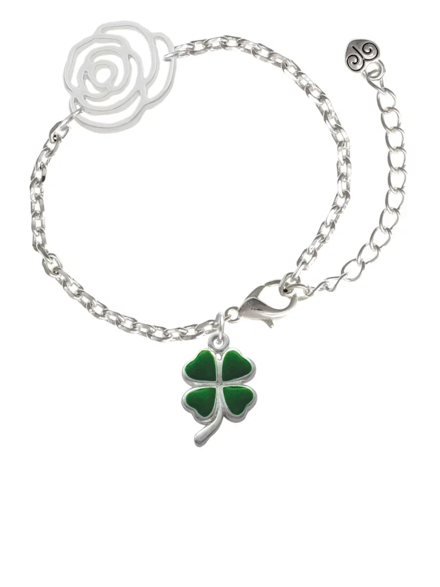 Delight Jewelry Sizeilvertone Green Four Leaf Clover with Heart Leaves Sizeilver-tone Flower Link Chain Bracelet, 6.75"+2" Extender