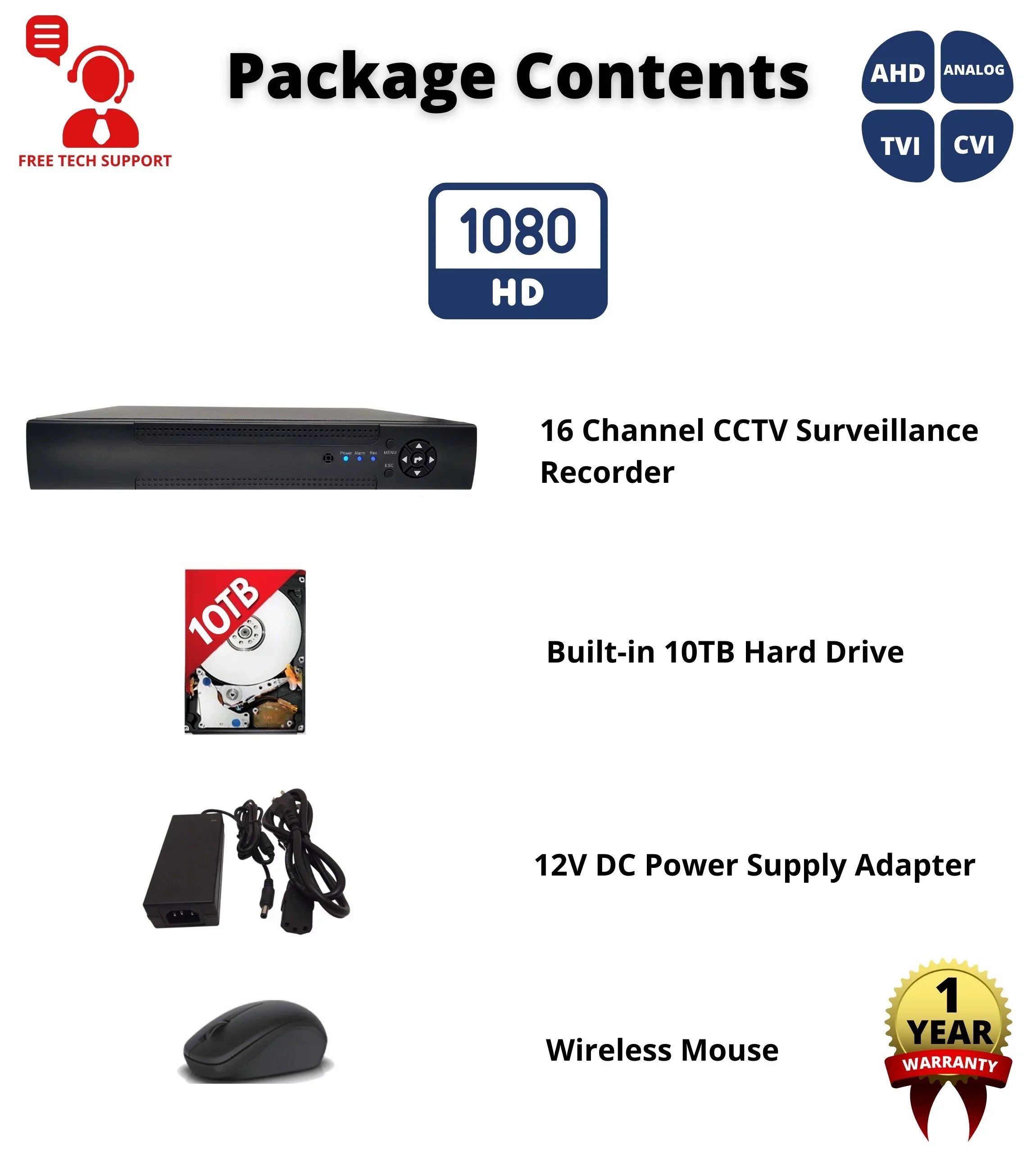 Evertech 16 Channel H.265 Hybrid 4-in-1(TVI/AHD/CVI/CVBSize) CCTV DVR with 10TB Hard Drive Sizeurveillance Camera Recorder, Easy Remote Access, Motion Detection & Emile Alerts