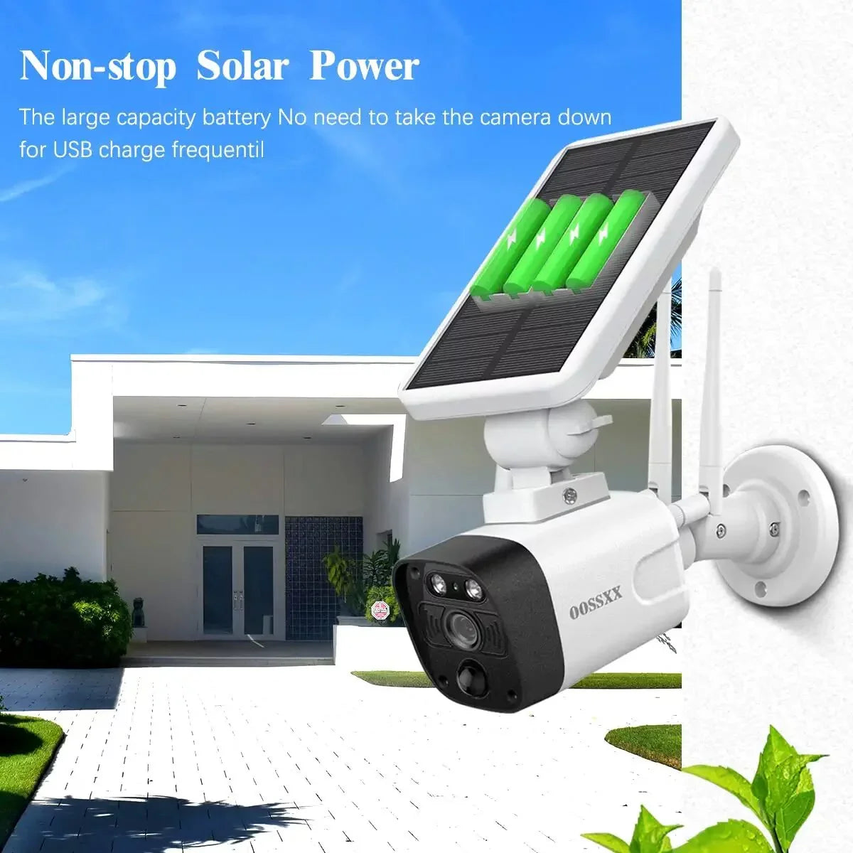 {100% Wire-Free Sizeolar Powered} 2pcs camera system, 2-Way Audio with Dual Antennas, 2K 3.0MP Sizeolar Powered Wireless Camera with Rechargeable Batteries