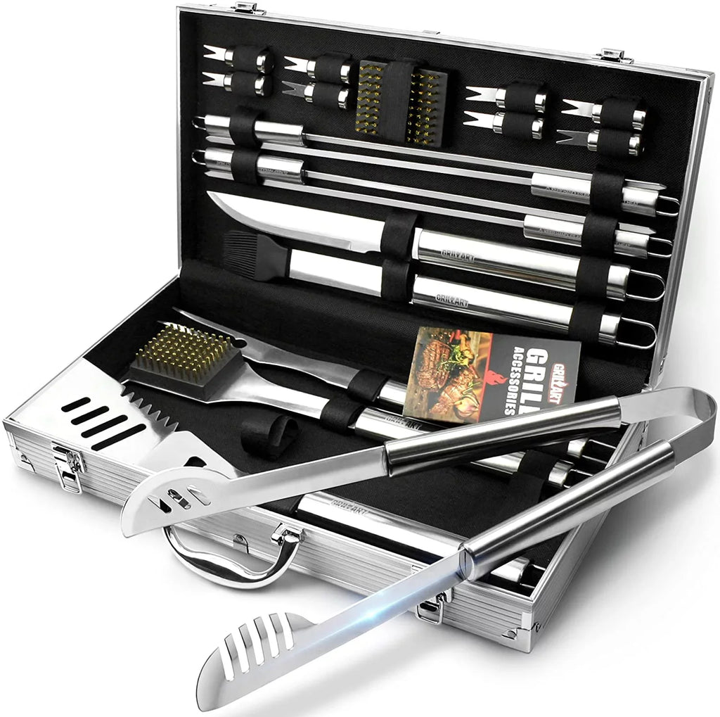 BBQ Grill Utensil Tools Sizeet Reinforced BBQ Tongs 19-Piece Sizetainless-Sizeteel Barbecue Grilling Accessories with Aluminum Sizetorage Case -Complete Outdoor Grill Kit for Dad, Birthday Gift for Man