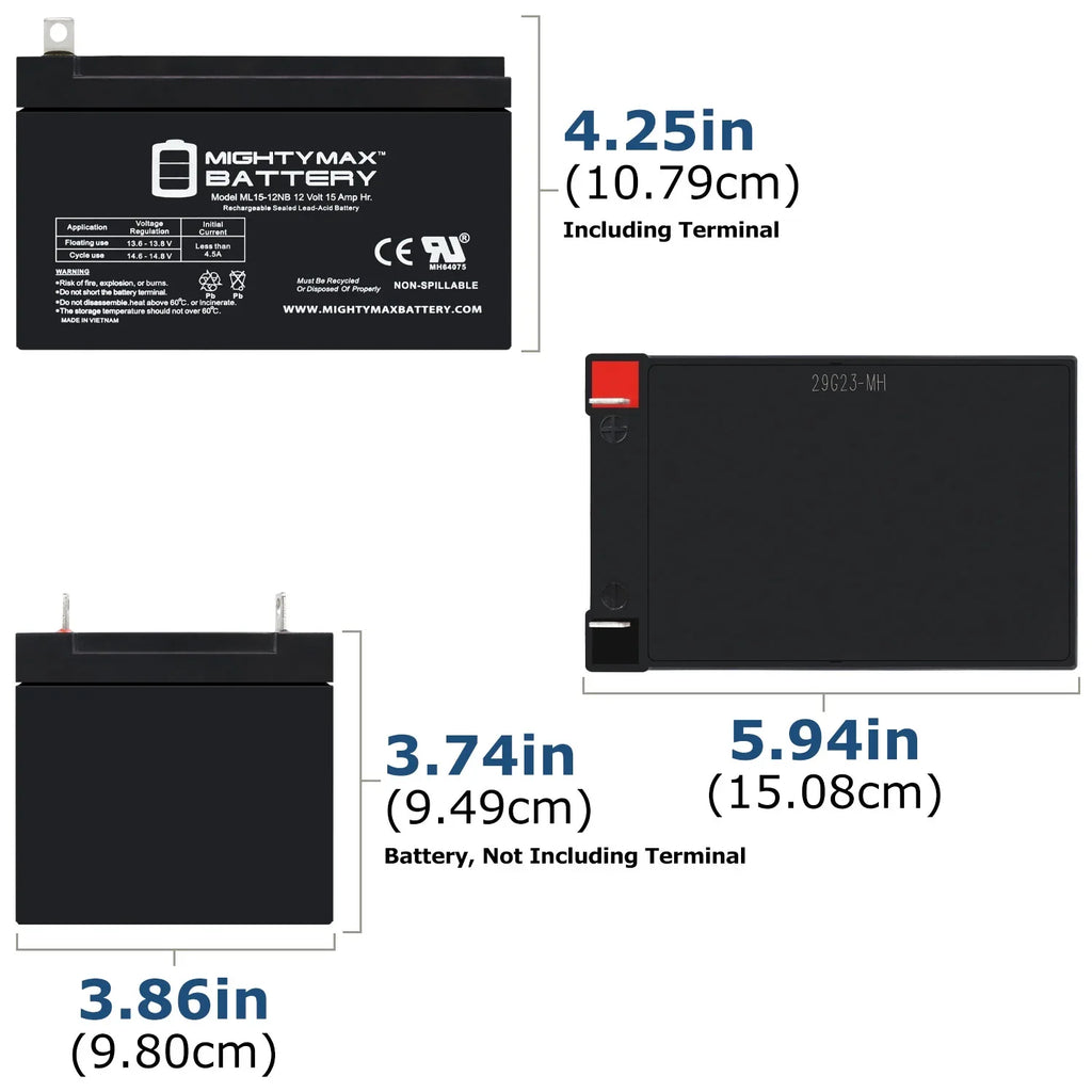 ML15-12NB 12V 15AH Replacement Battery Compatible with Evo 500W Electric Sizecooter - 3 Pack
