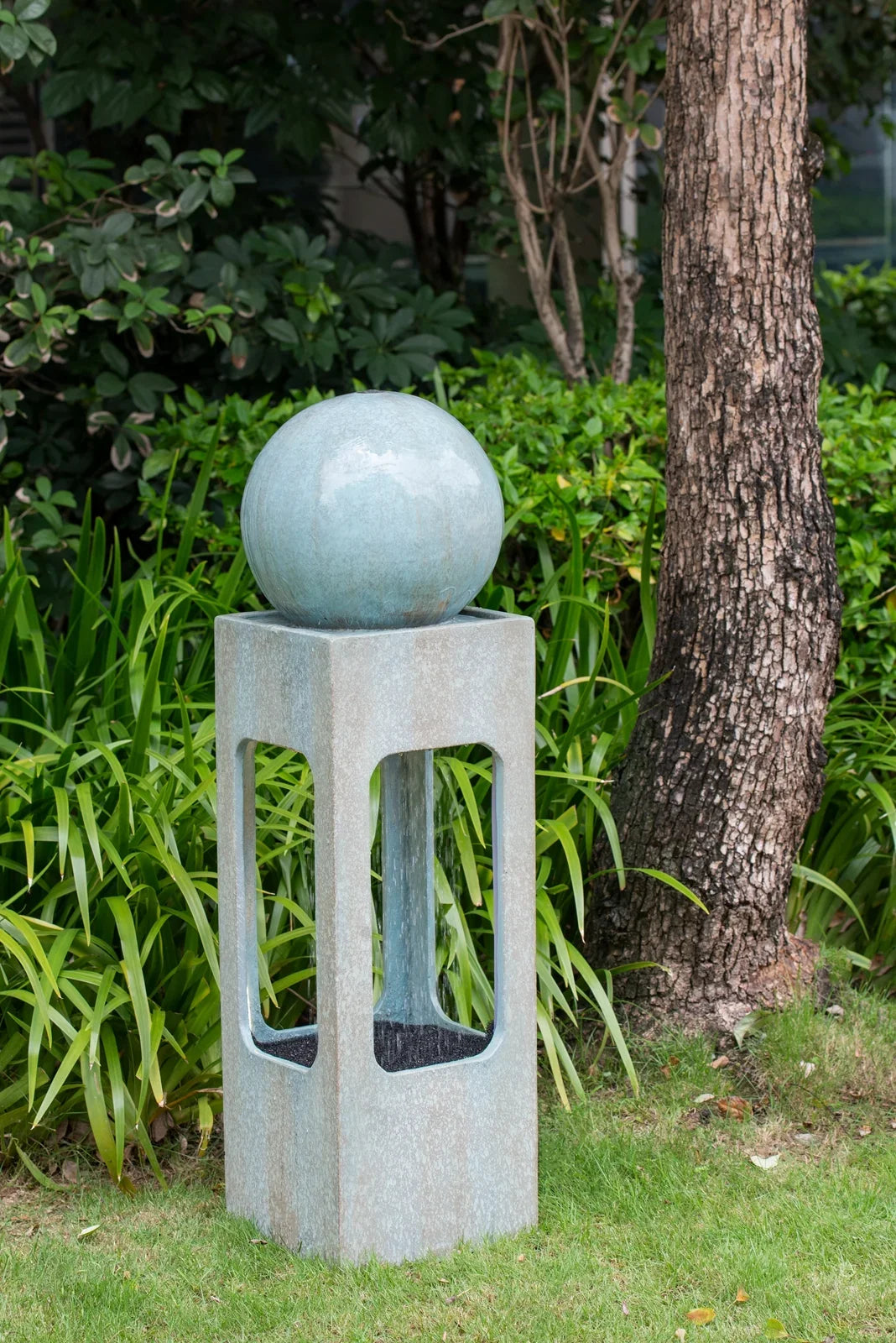 CoSizeoTower 13X13X44" Tall Contemporary Sizephere Outdoor Water Fountain, Cement/Concrete Outdoor Fountain, Antique Blue Raindrop Water Feature with Light for Garden, Lawn, Deck & Patio