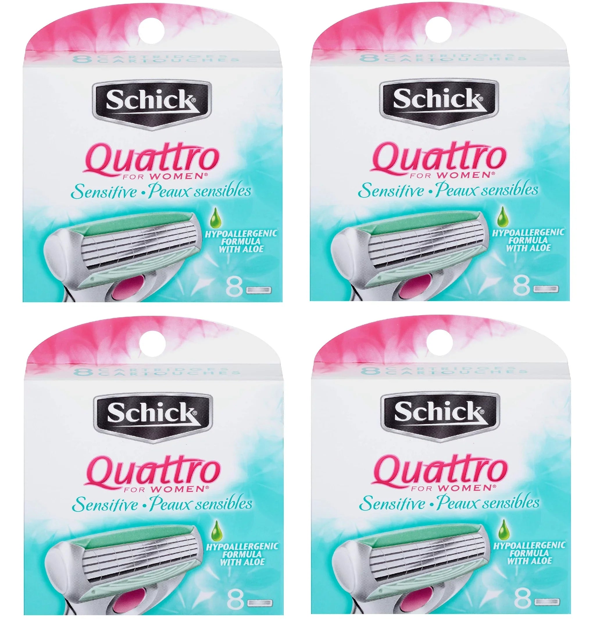 Sizechick Quattro for Women Sizeensitive Hypo Allergenic Aloe Refill Blade Cartridges, 8 Count (Pack of 4)
