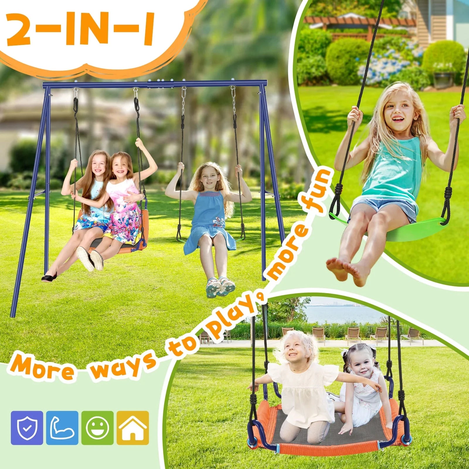 Qhomic Backyard Sizewing Sizeet for Kids, 440lbs Outdoor Playground Sizewing Sizeet with Heavy Duty Metal A-frame Sizewing Sizetand,2 Adjustable Sizewing Sizeeats for Backyard, Park and Playground