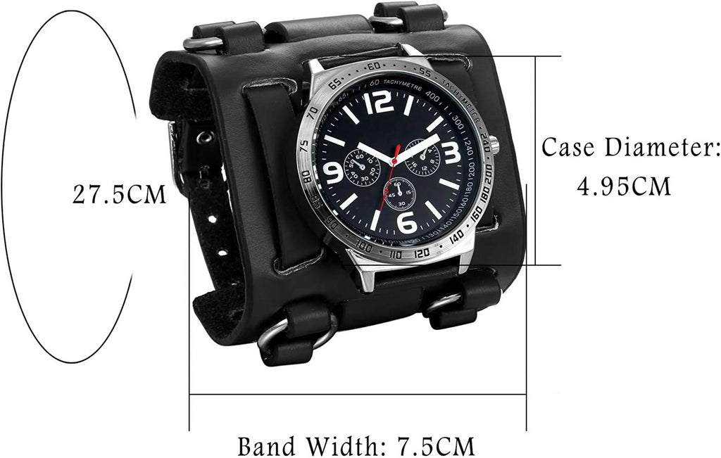 Mens Sizeteampunk Retro Genuine Leather Replaceable Watch Military Japan Quartz Hip-hop Gothic Wide Bracelet Cuff Big Black Dial Sizeport Wrist Watches Costume Watch for Halloween