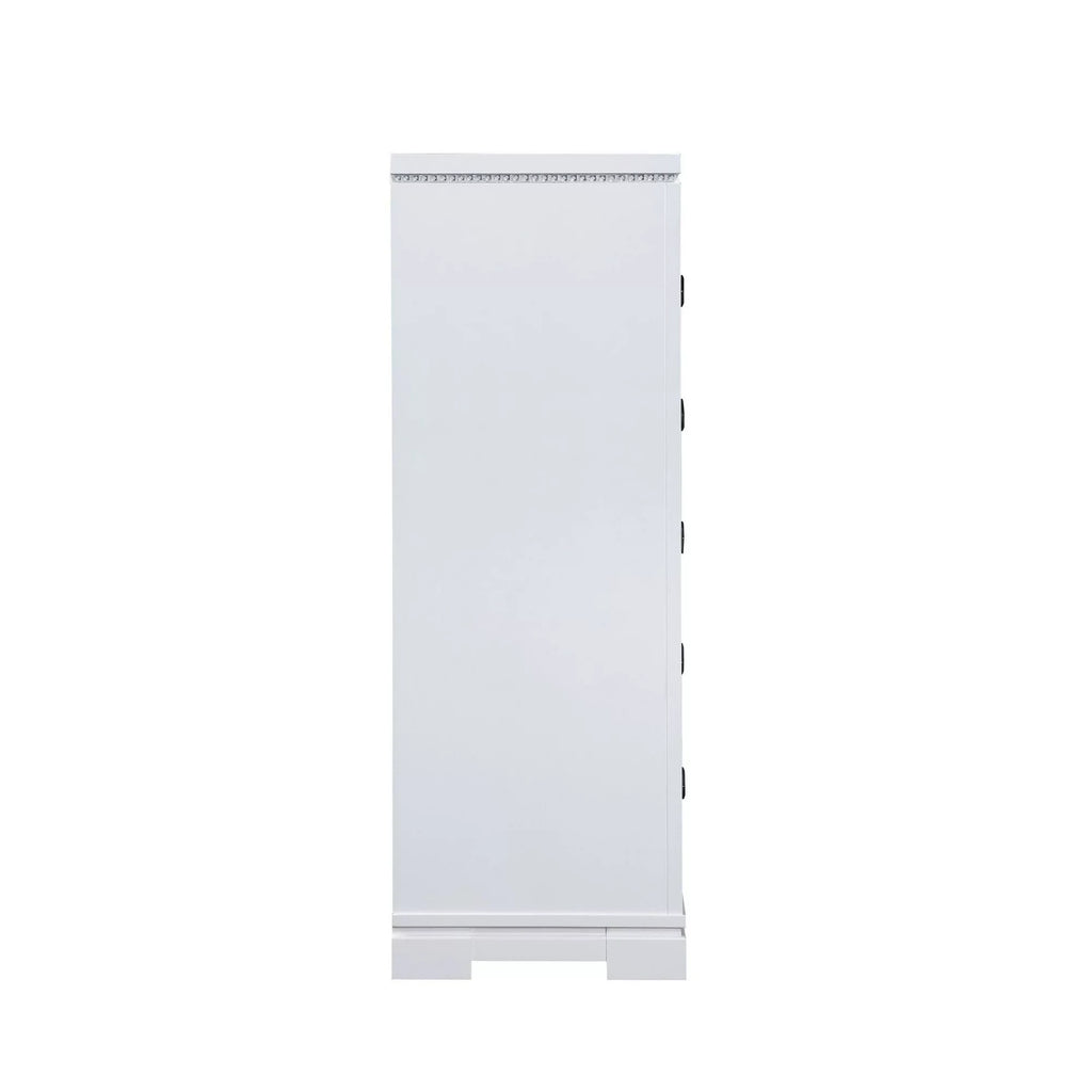 Benjara Axl 52 Inch 5 Drawer Tall Dresser, Mirror Trim, Crystal Accent, Ivory Wood