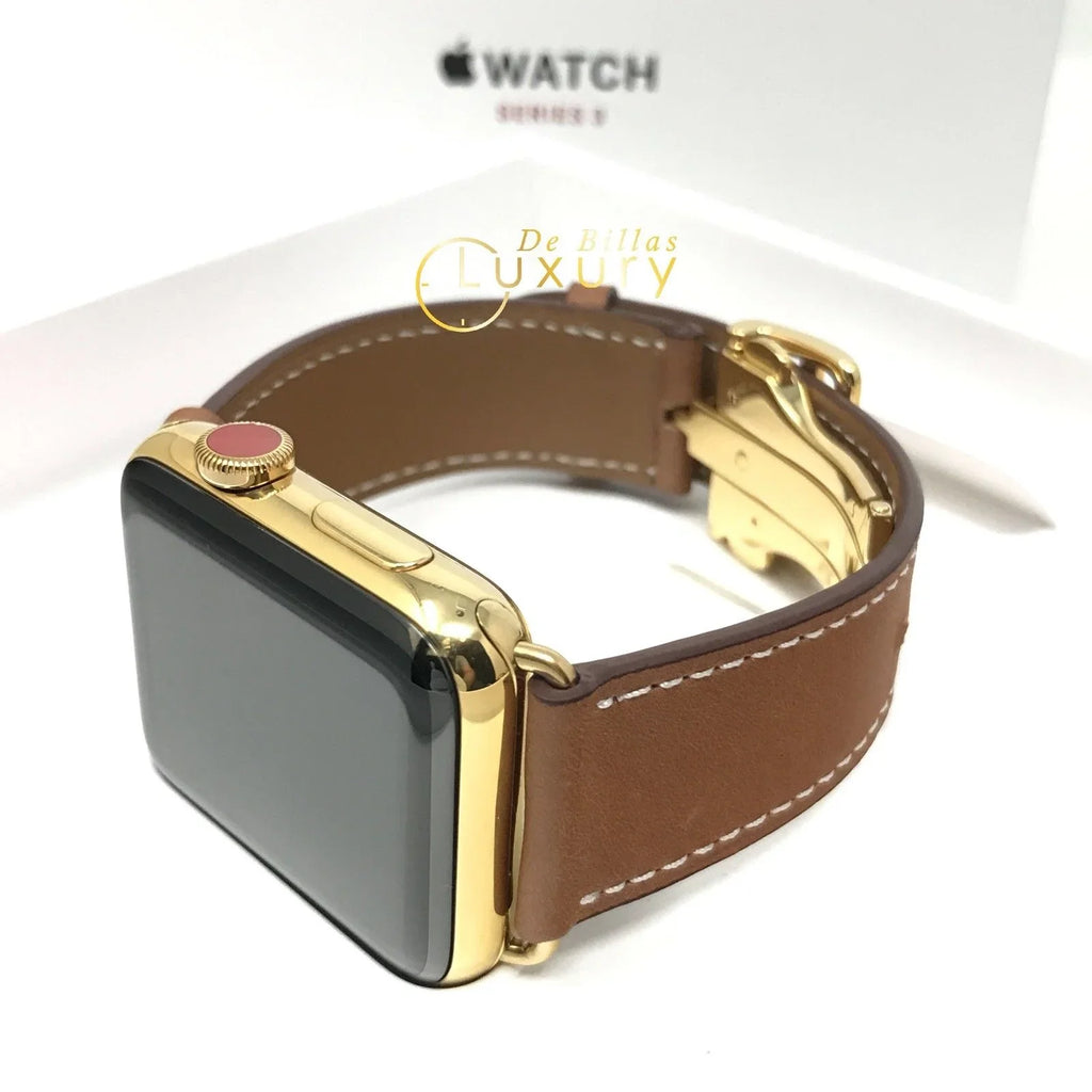 24K Gold 42MM iWatch SizeERIESize 3 Brown Leather Band