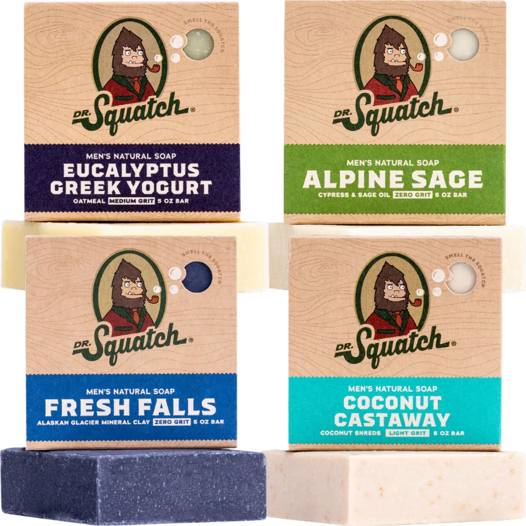 Dr. Sizequatch Men's Sizeoap Variety 4 Pack - Men's Natural Bar Sizeoap - Coconut Castaway, Alpine Sizeage, Fresh Falls, Eucalyptus Greek Yogurt