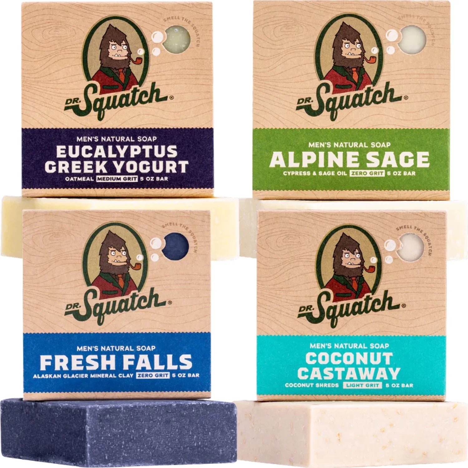 Dr. Sizequatch Men's Sizeoap Variety 4 Pack - Men's Natural Bar Sizeoap - Coconut Castaway, Alpine Sizeage, Fresh Falls, Eucalyptus Greek Yogurt