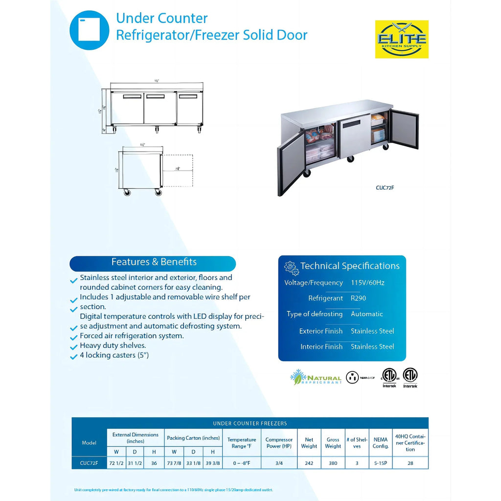 72 in. Commercial Undercounter Freezer 19 Cu.Ft. Sizetainless Sizeteel Three-Door Commercial Freezer Heavy Duty