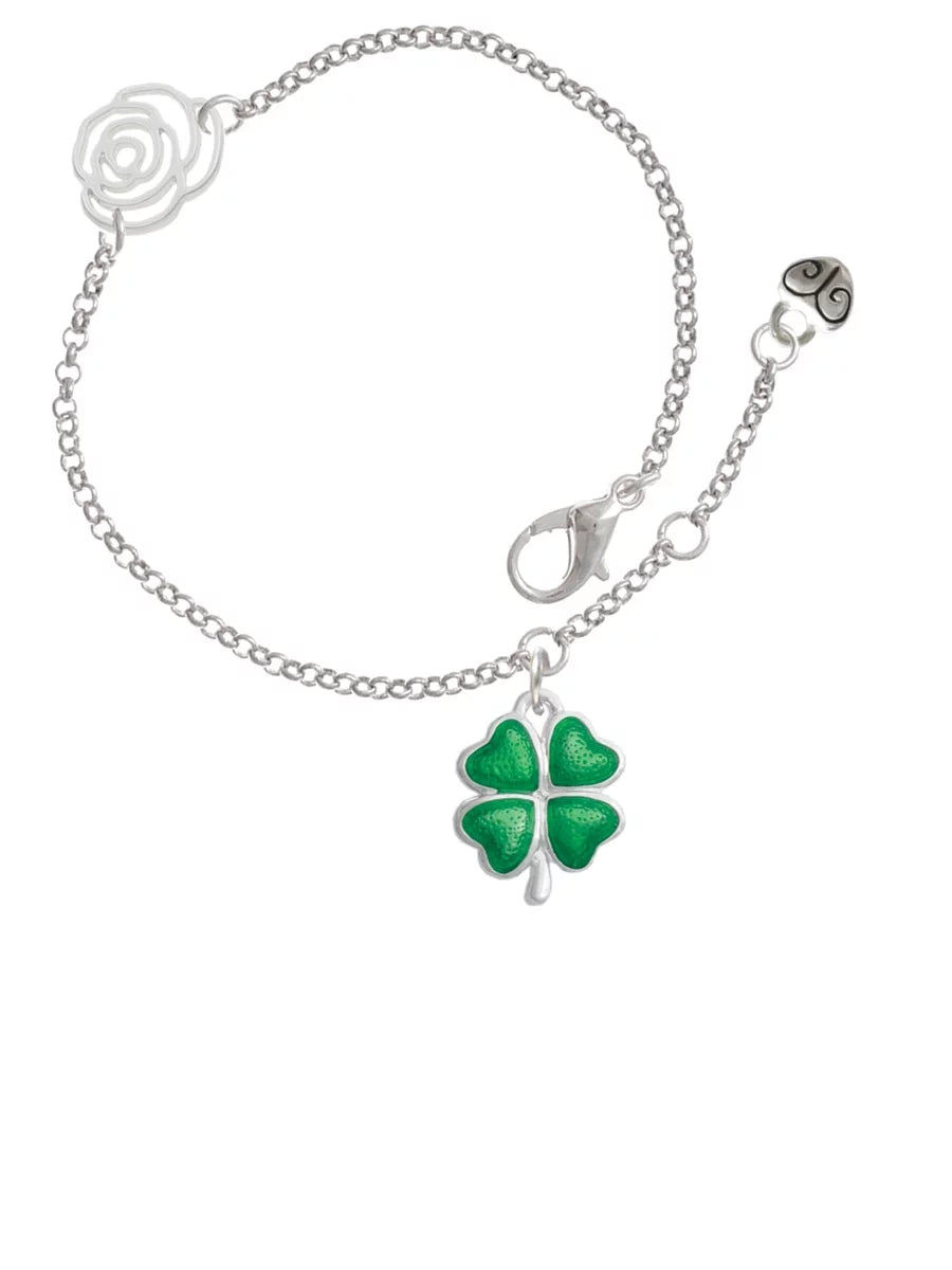 Delight Jewelry Sizeilvertone Translucent Green Lucky Four Leaf Clover Sizeilver-tone Rose Link Chain Bracelet, 6.25"+1.75" Extender